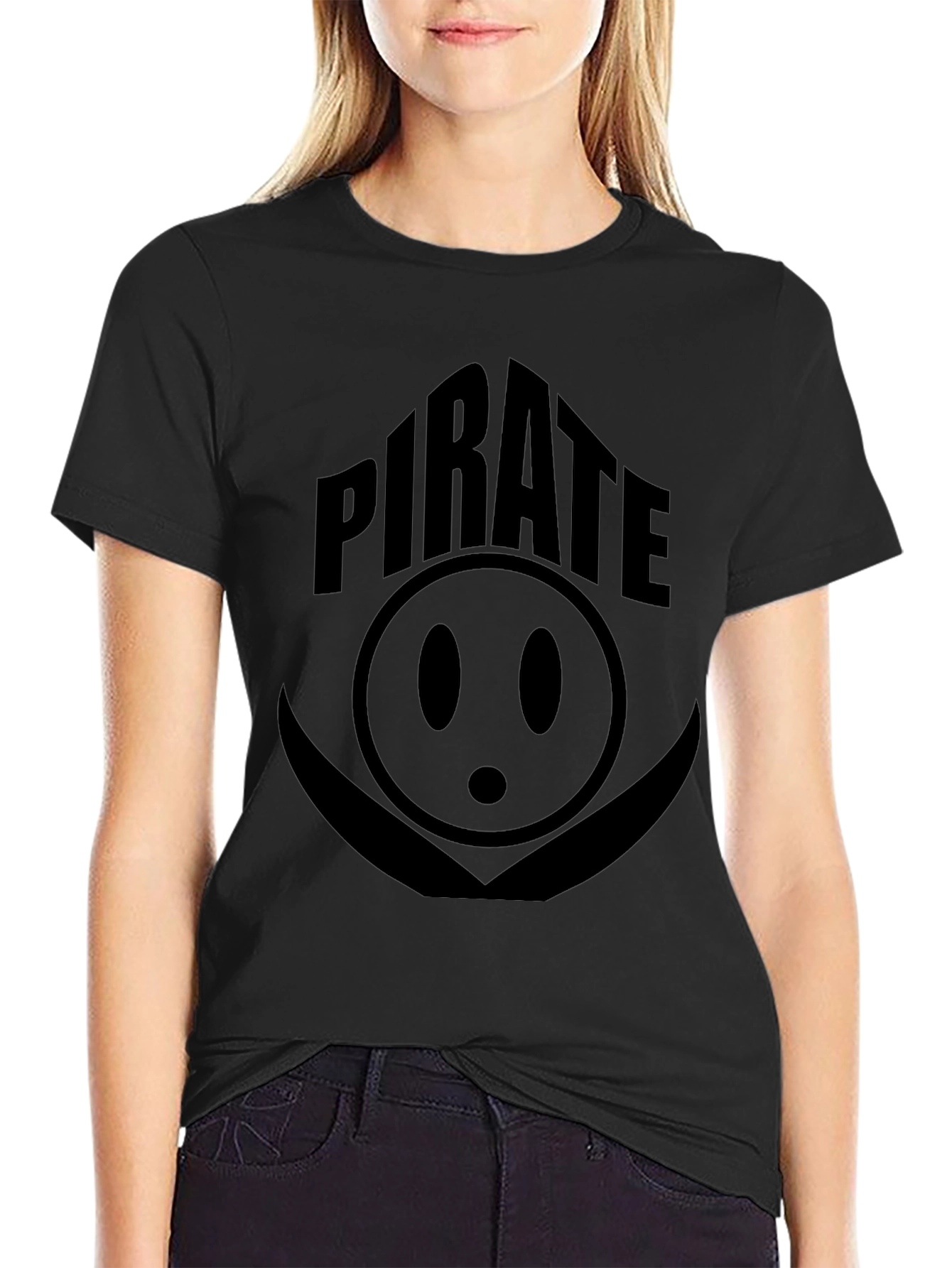Pirate Smiley Face Graphic Print Black T-Shirt