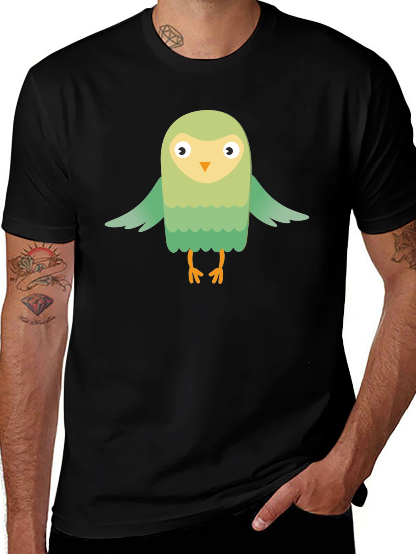 Cute Cartoon Bird Graphic Tee - Black