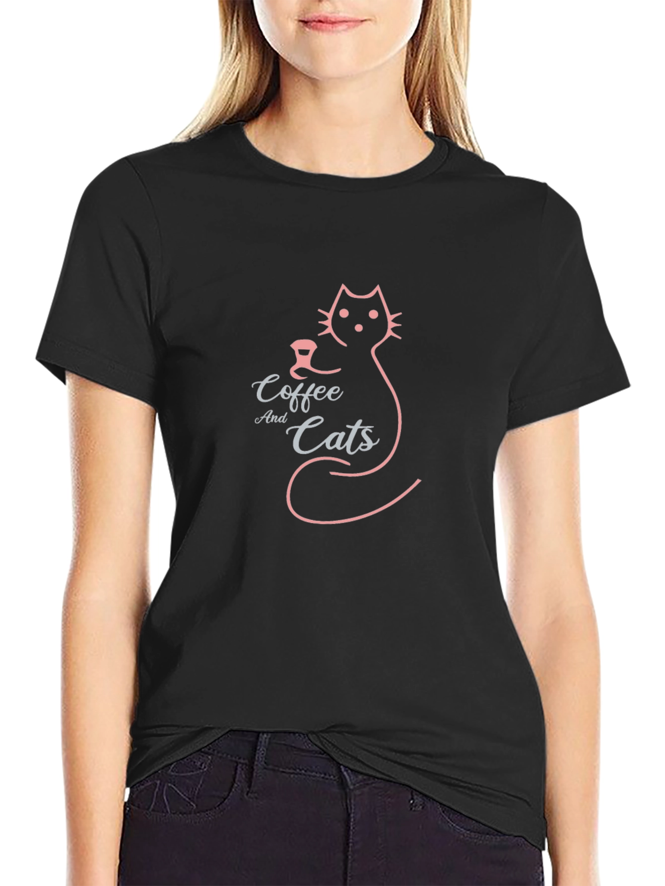 Coffee and Cats Graphic Tee - Black Cotton Blend