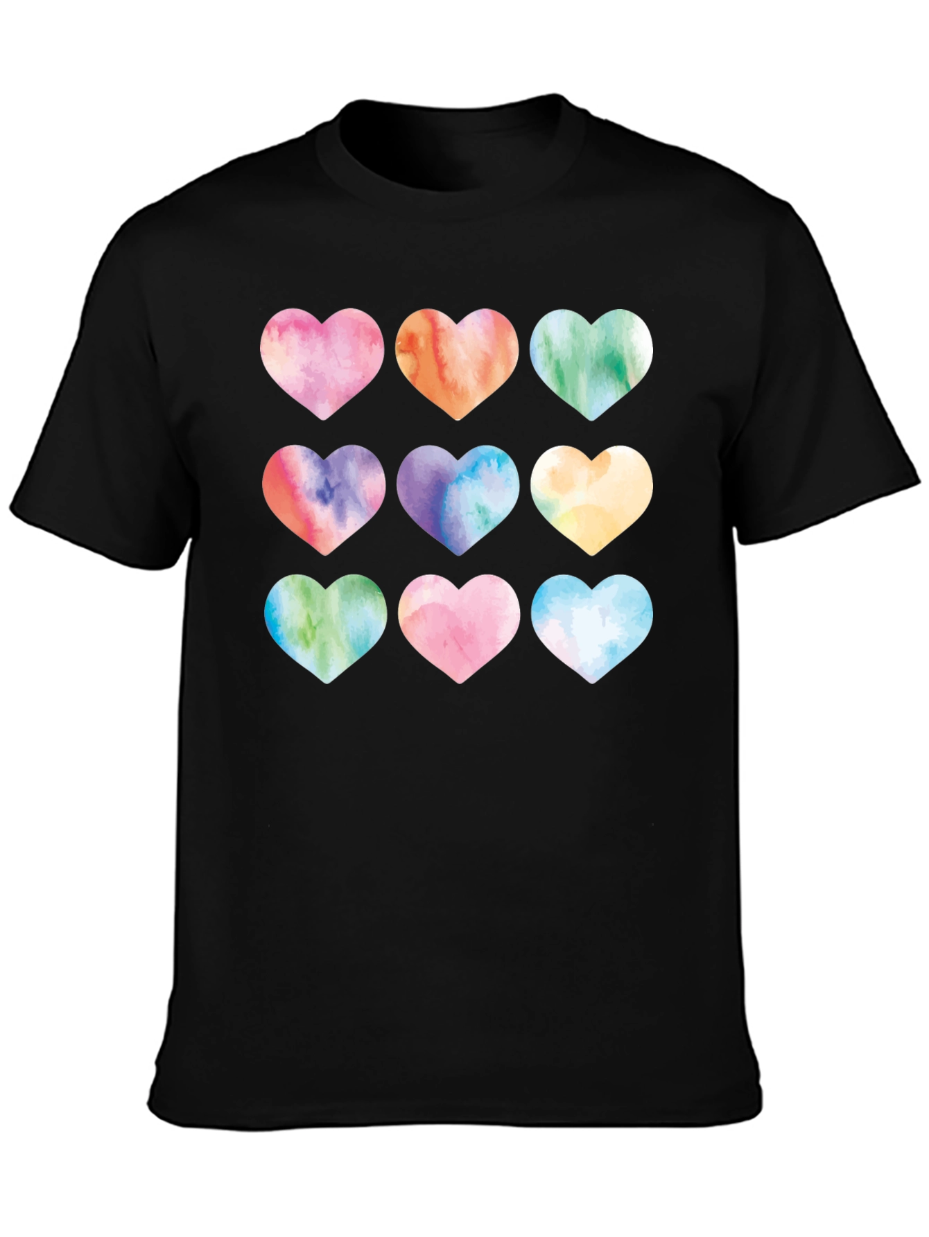 Watercolor Hearts Black T-Shirt
