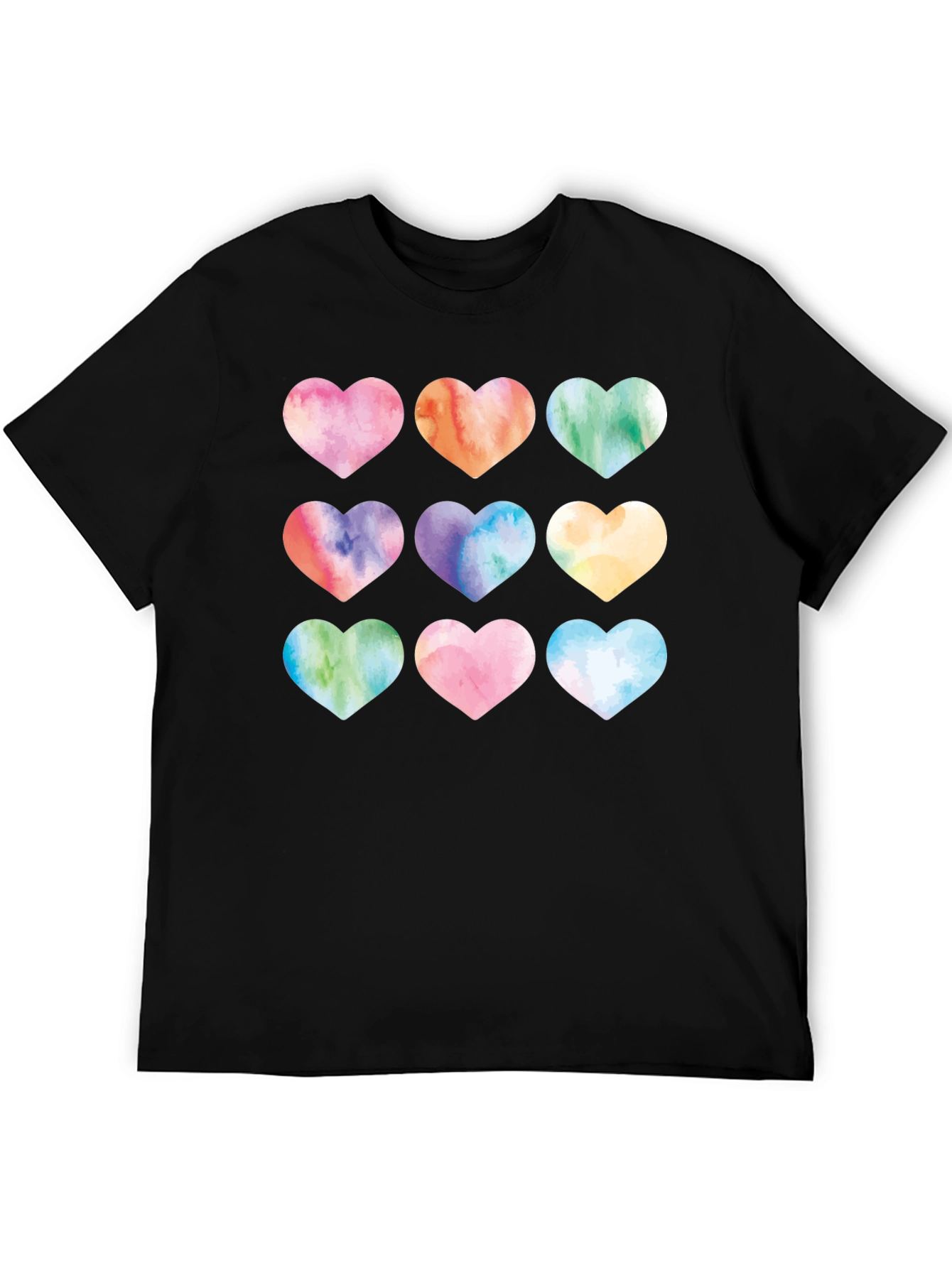 Watercolor Hearts Black T-Shirt