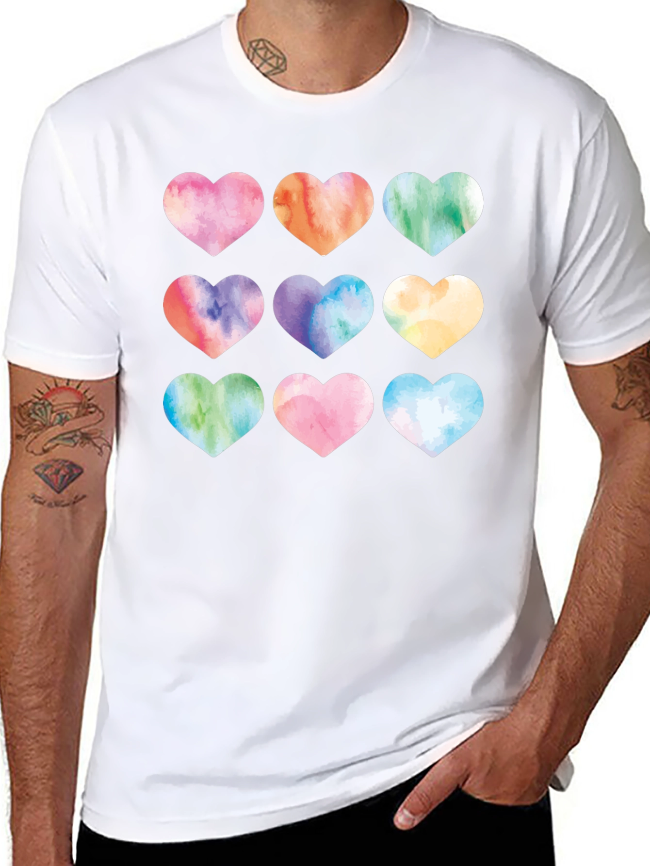 Watercolor Hearts Black T-Shirt