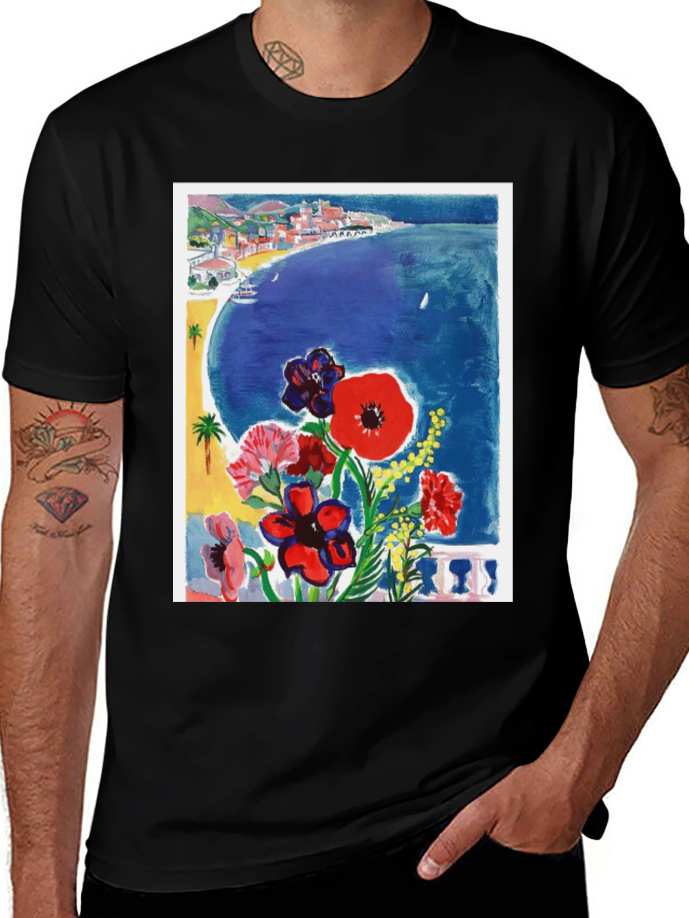 Floral Riviera T-Shirt: Artistic Coastal Design