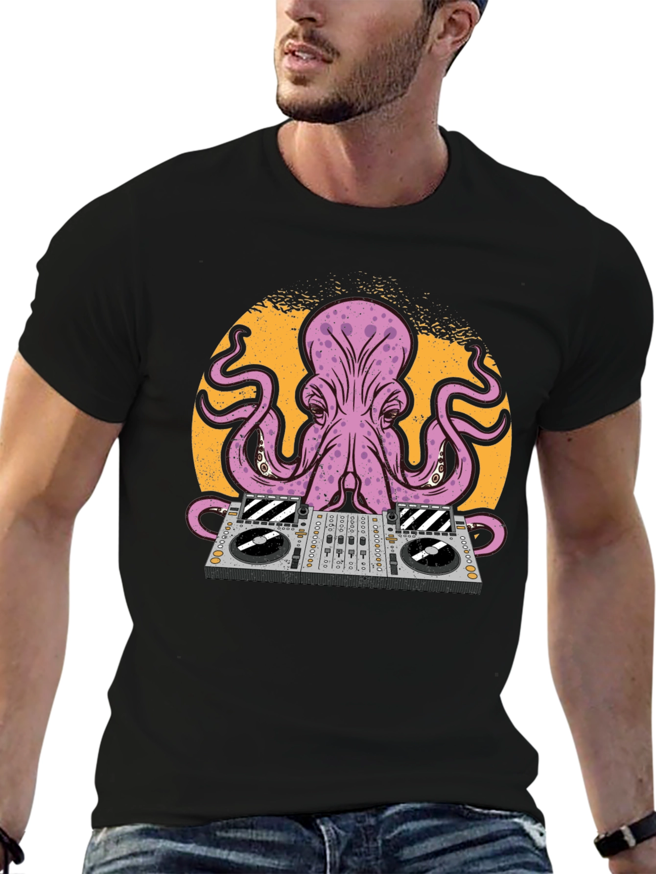 DJ Octopus Graphic Tee - Black Cotton T-Shirt