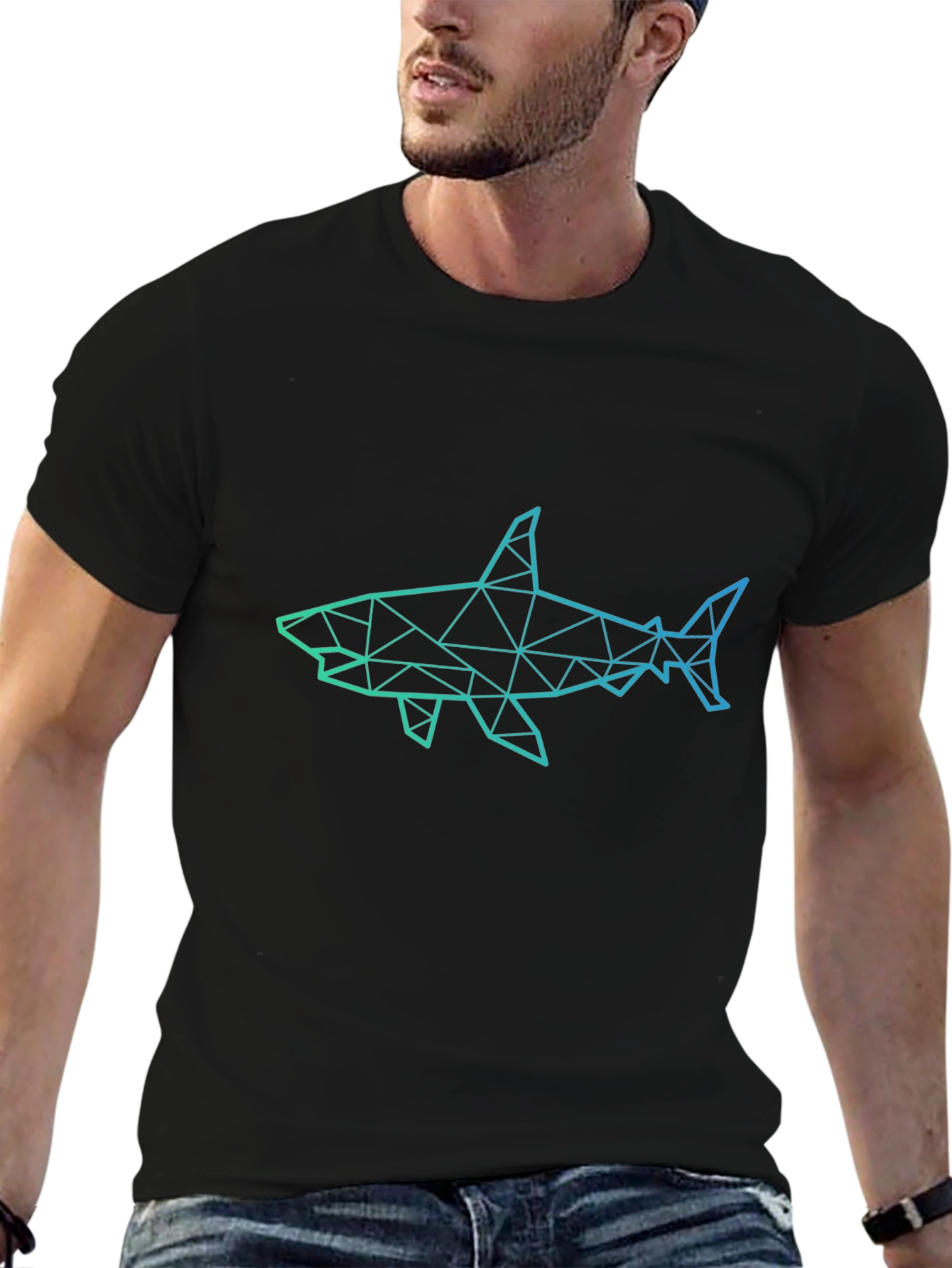 Geometric Shark Graphic Print Black T-Shirt