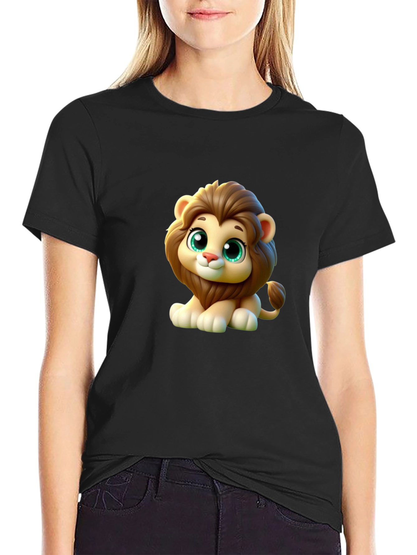 Cute Cartoon Lion Graphic Black T-Shirt