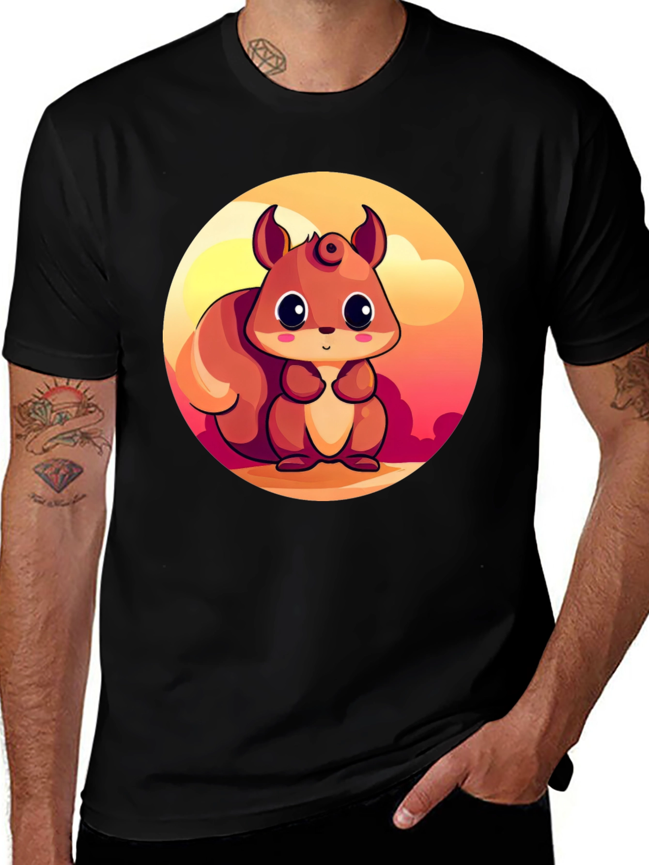 Cute Squirrel Graphic T-Shirt - Black