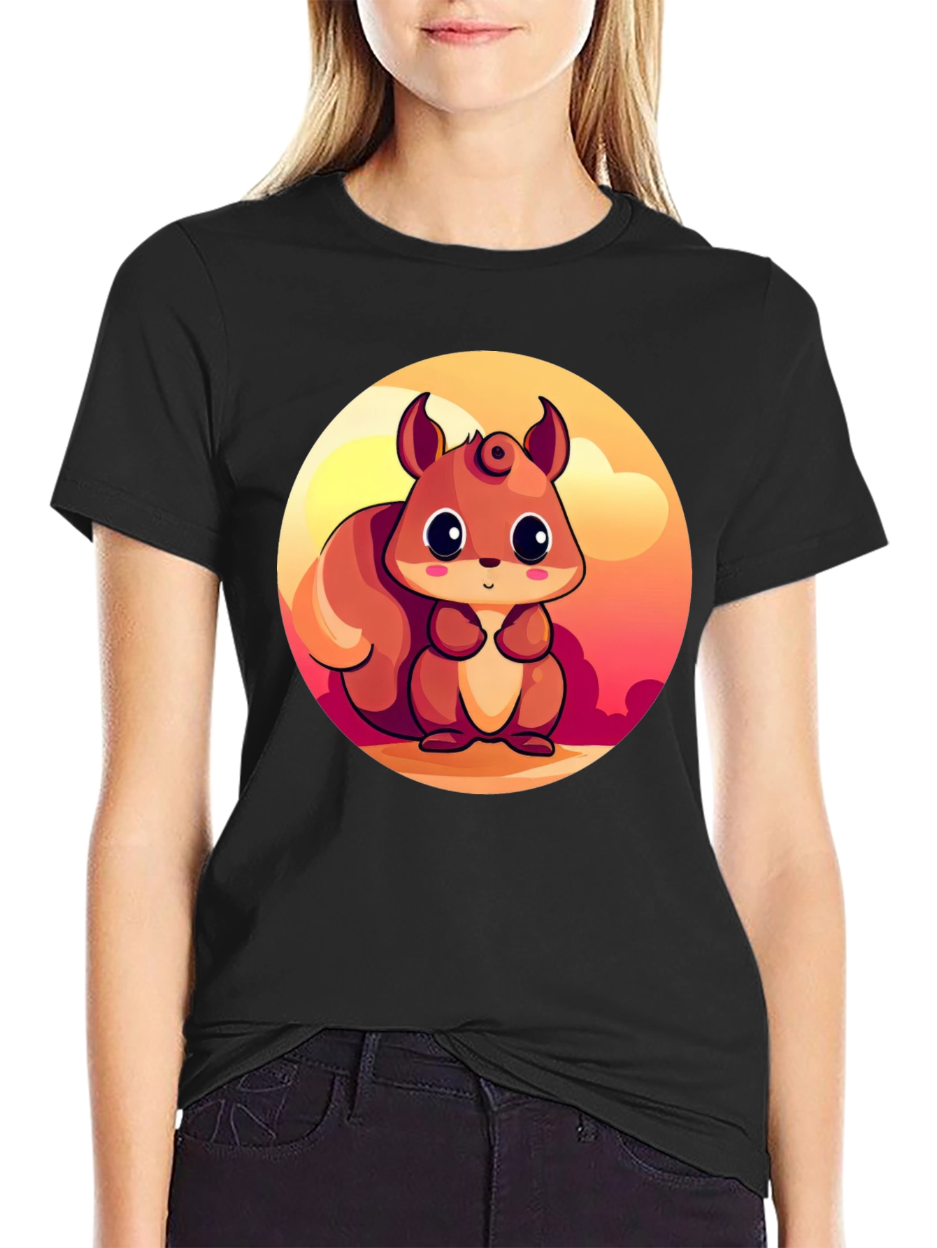 Cute Squirrel Graphic T-Shirt - Black