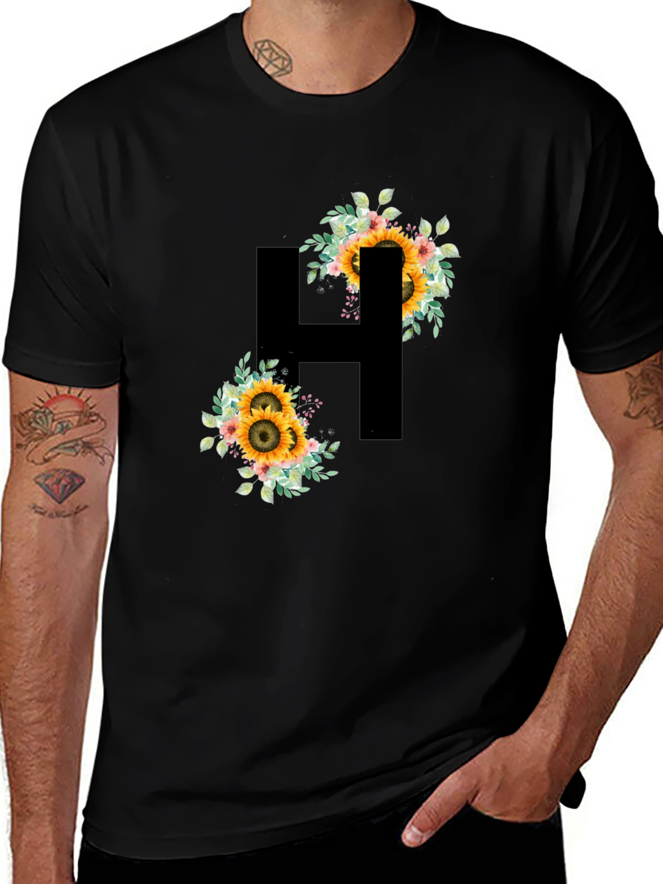 Sunflower Initial H Black T-Shirt