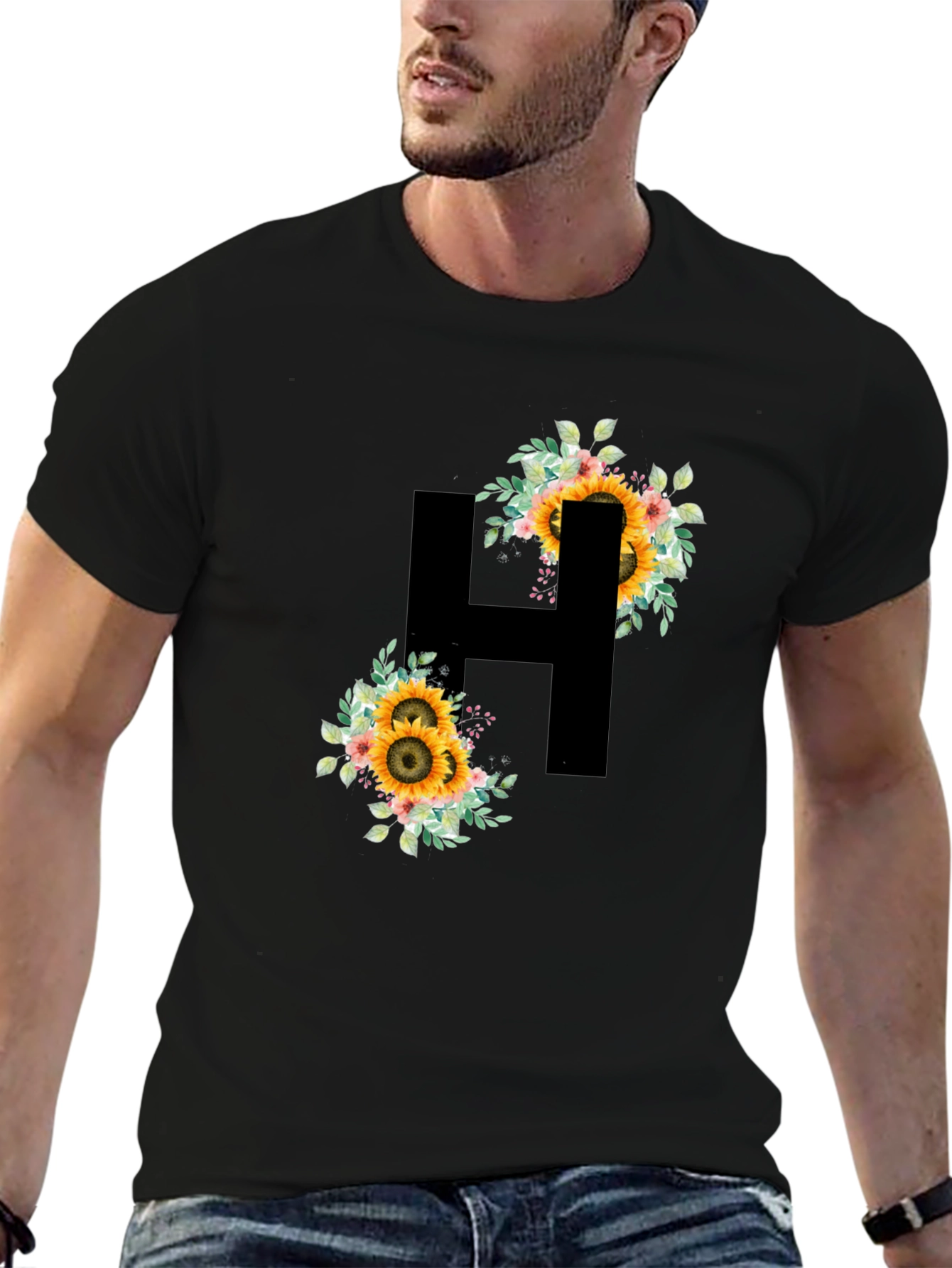 Sunflower Initial H Black T-Shirt