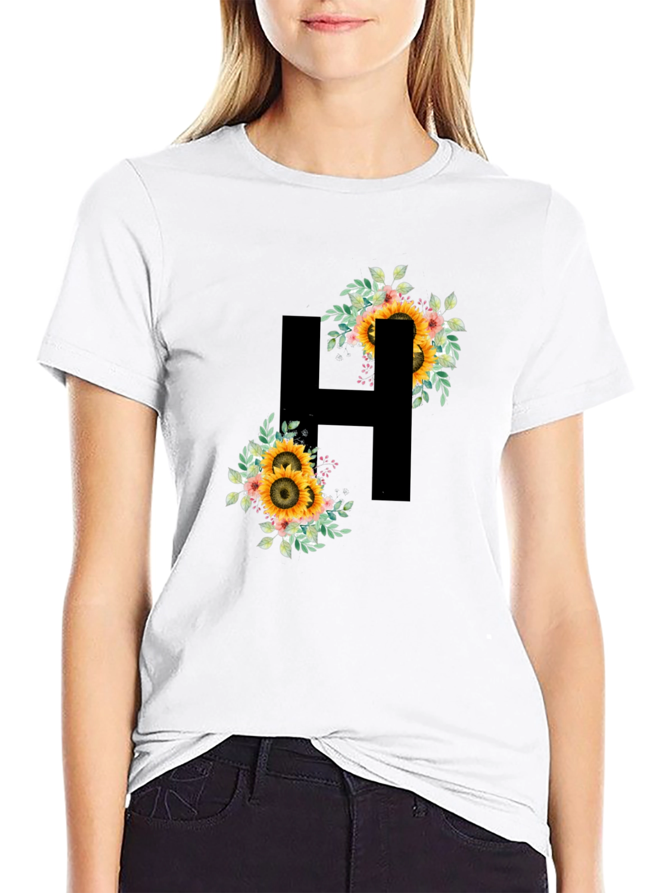 Sunflower Initial H Black T-Shirt