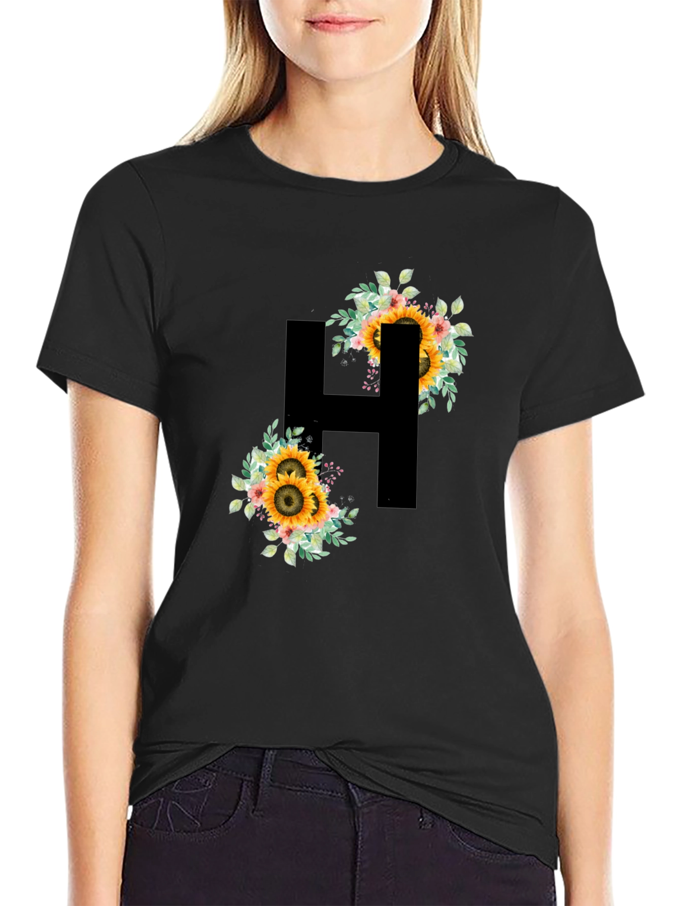 Sunflower Initial H Black T-Shirt