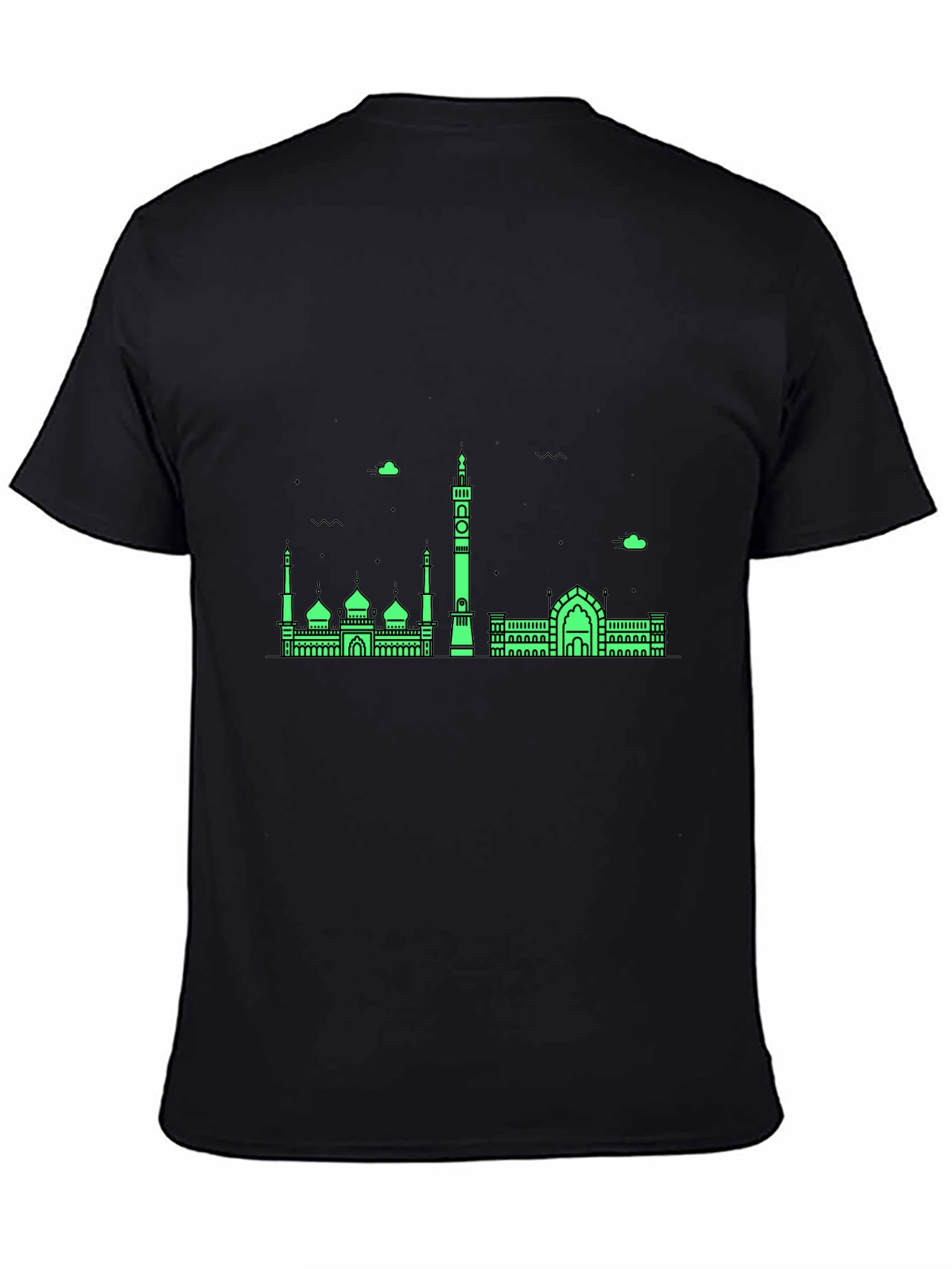 Modern Black T-Shirt with Green Mosque Skyline Design