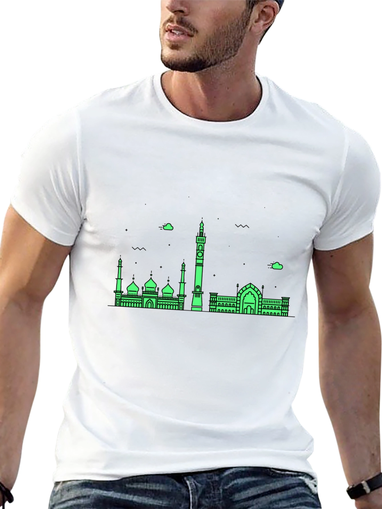 Modern Black T-Shirt with Green Mosque Skyline Design