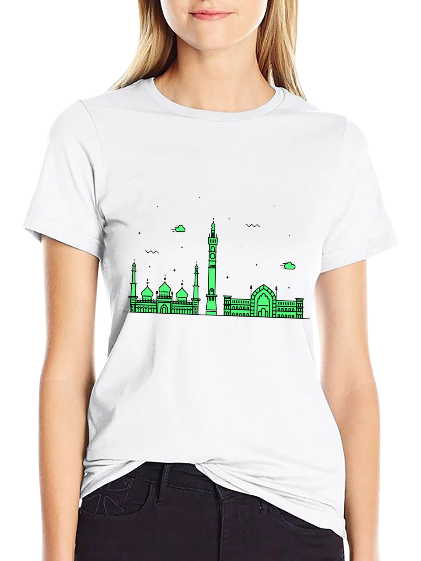 Modern Black T-Shirt with Green Mosque Skyline Design
