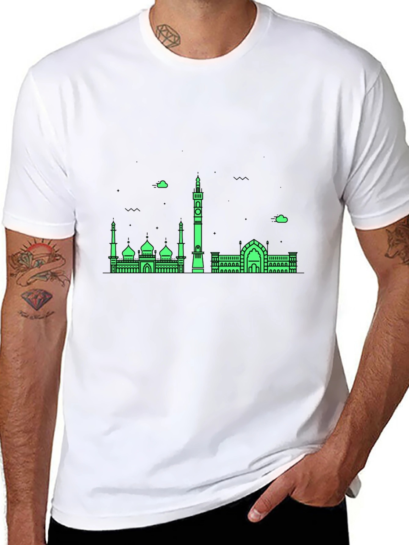 Modern Black T-Shirt with Green Mosque Skyline Design
