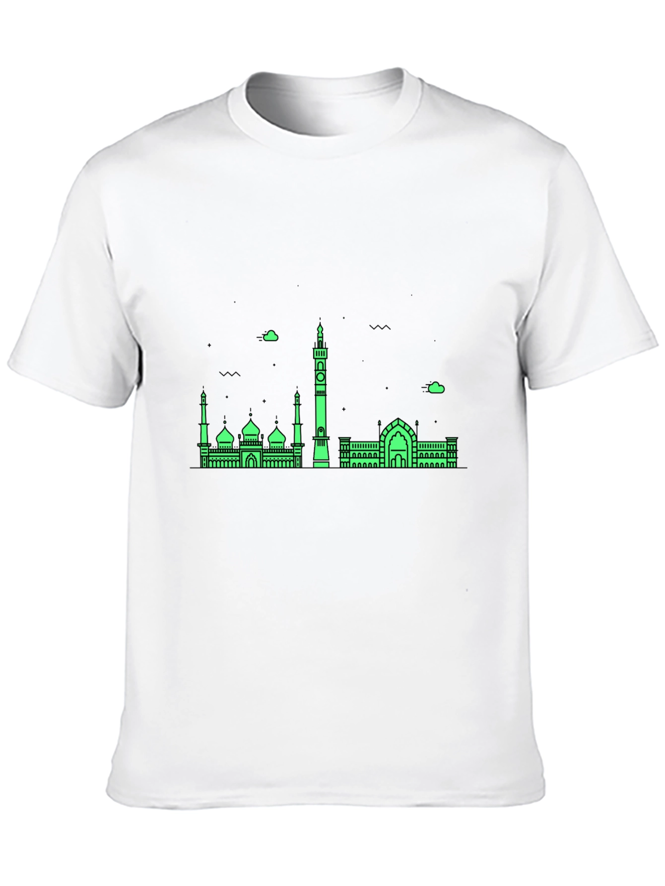 Modern Black T-Shirt with Green Mosque Skyline Design