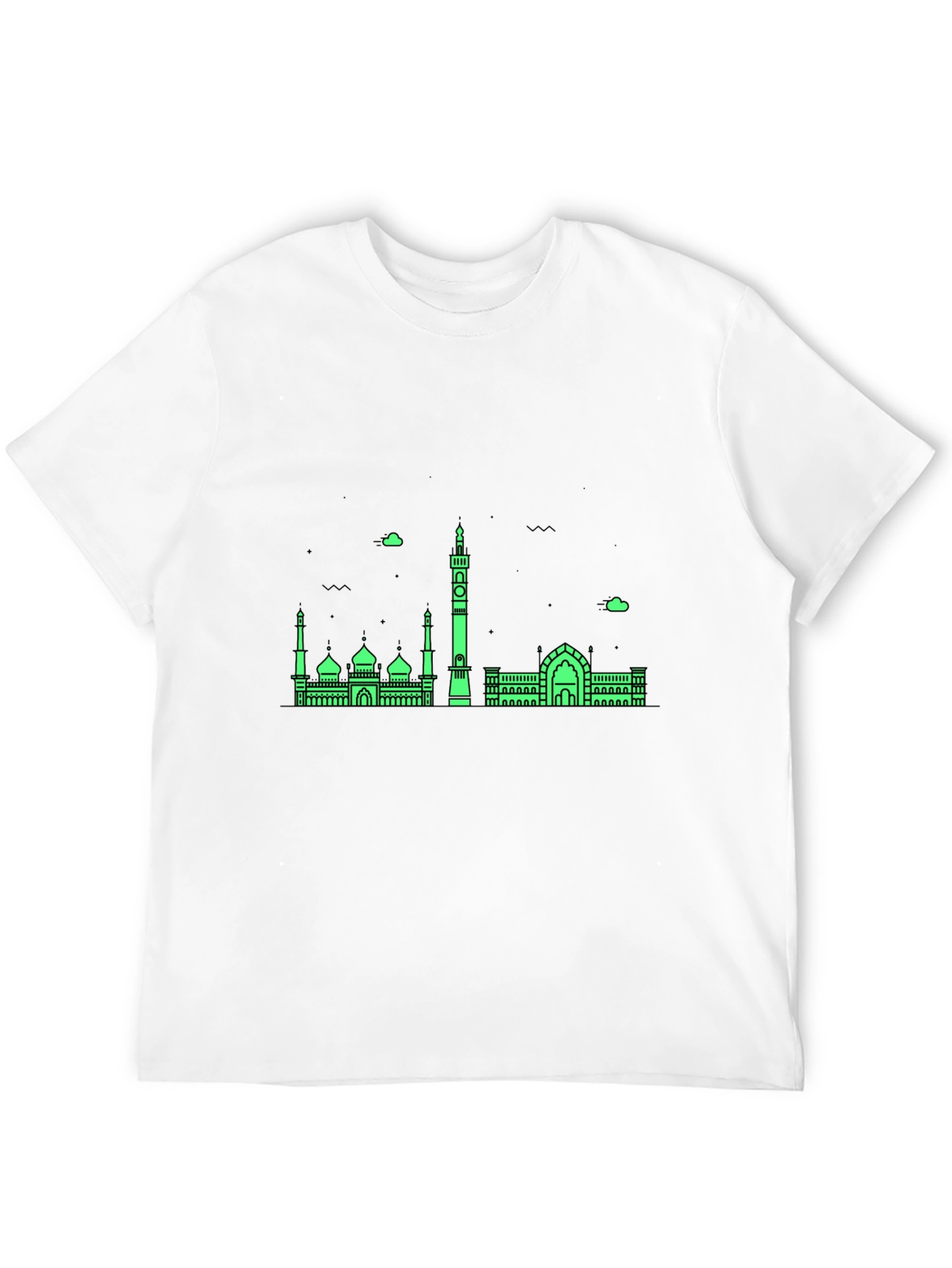 Modern Black T-Shirt with Green Mosque Skyline Design