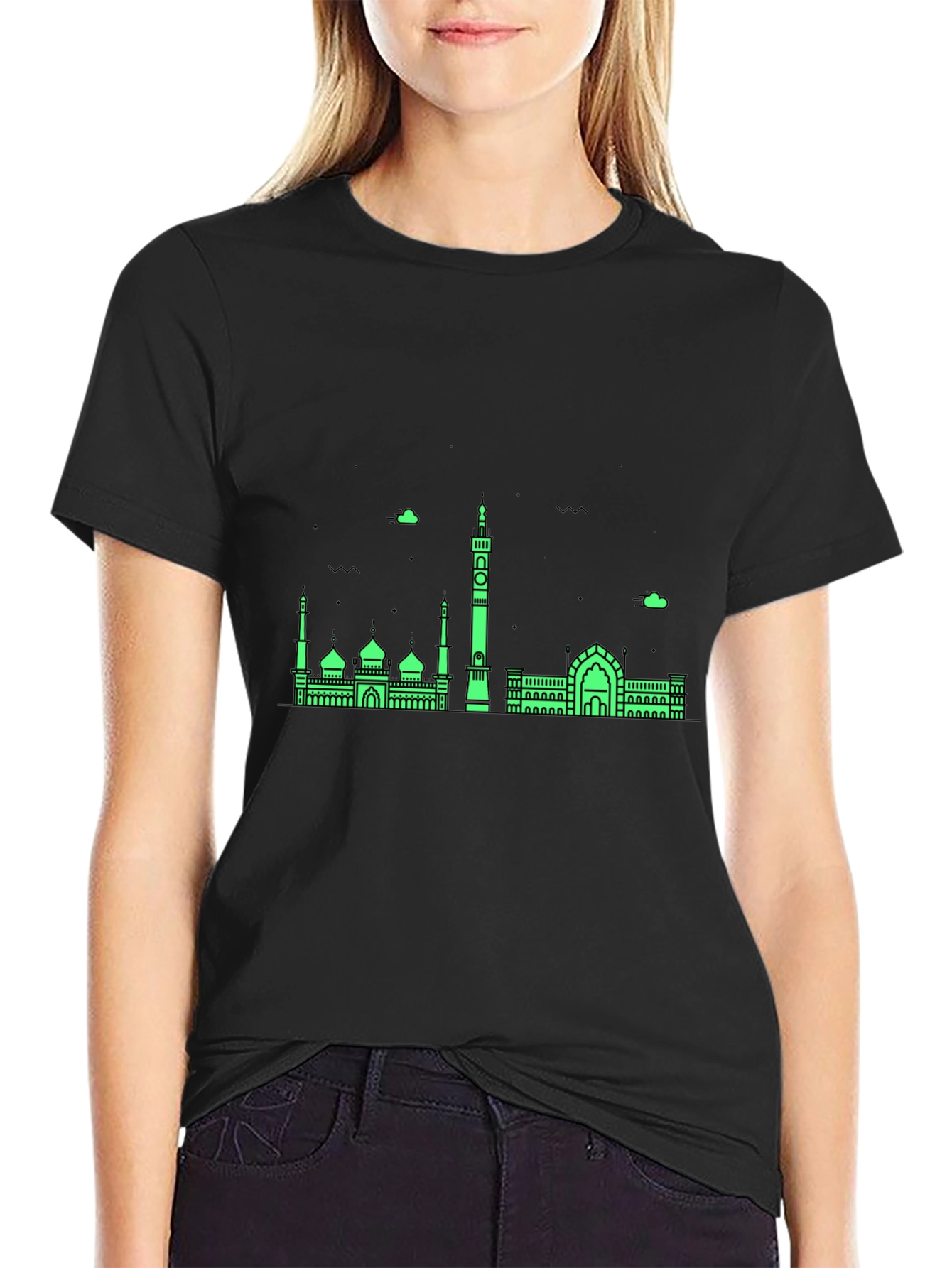 Modern Black T-Shirt with Green Mosque Skyline Design