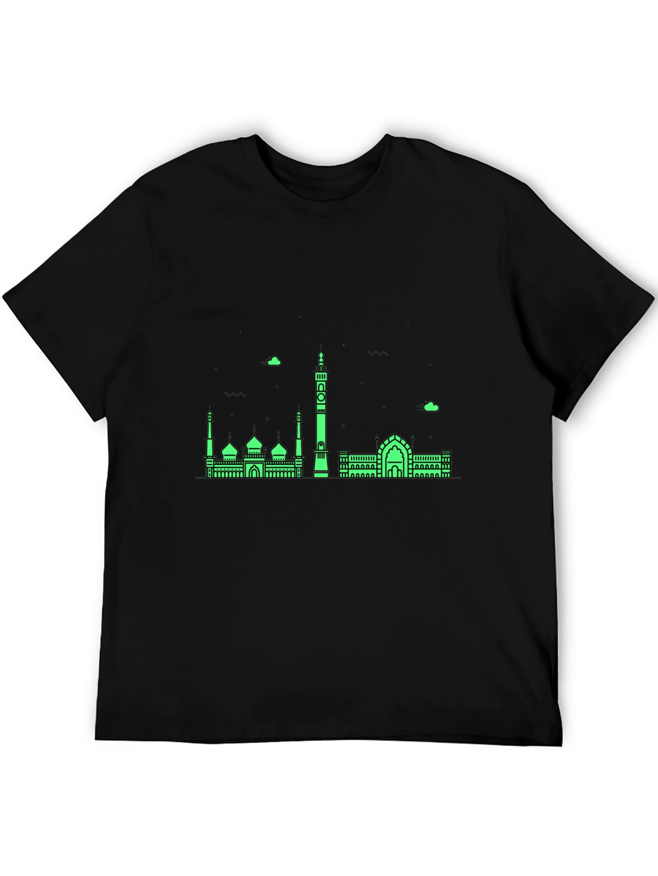 Modern Black T-Shirt with Green Mosque Skyline Design