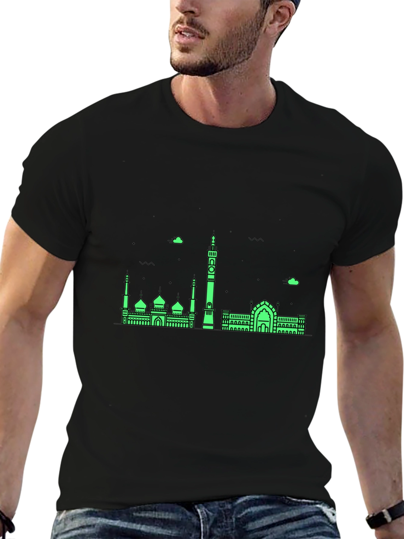 Modern Black T-Shirt with Green Mosque Skyline Design