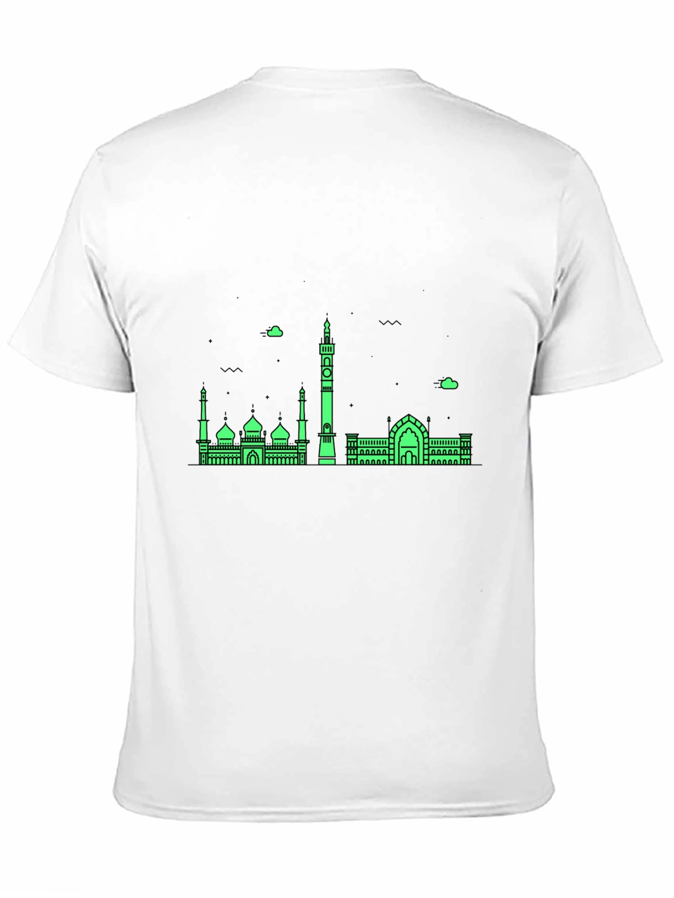 Modern Black T-Shirt with Green Mosque Skyline Design