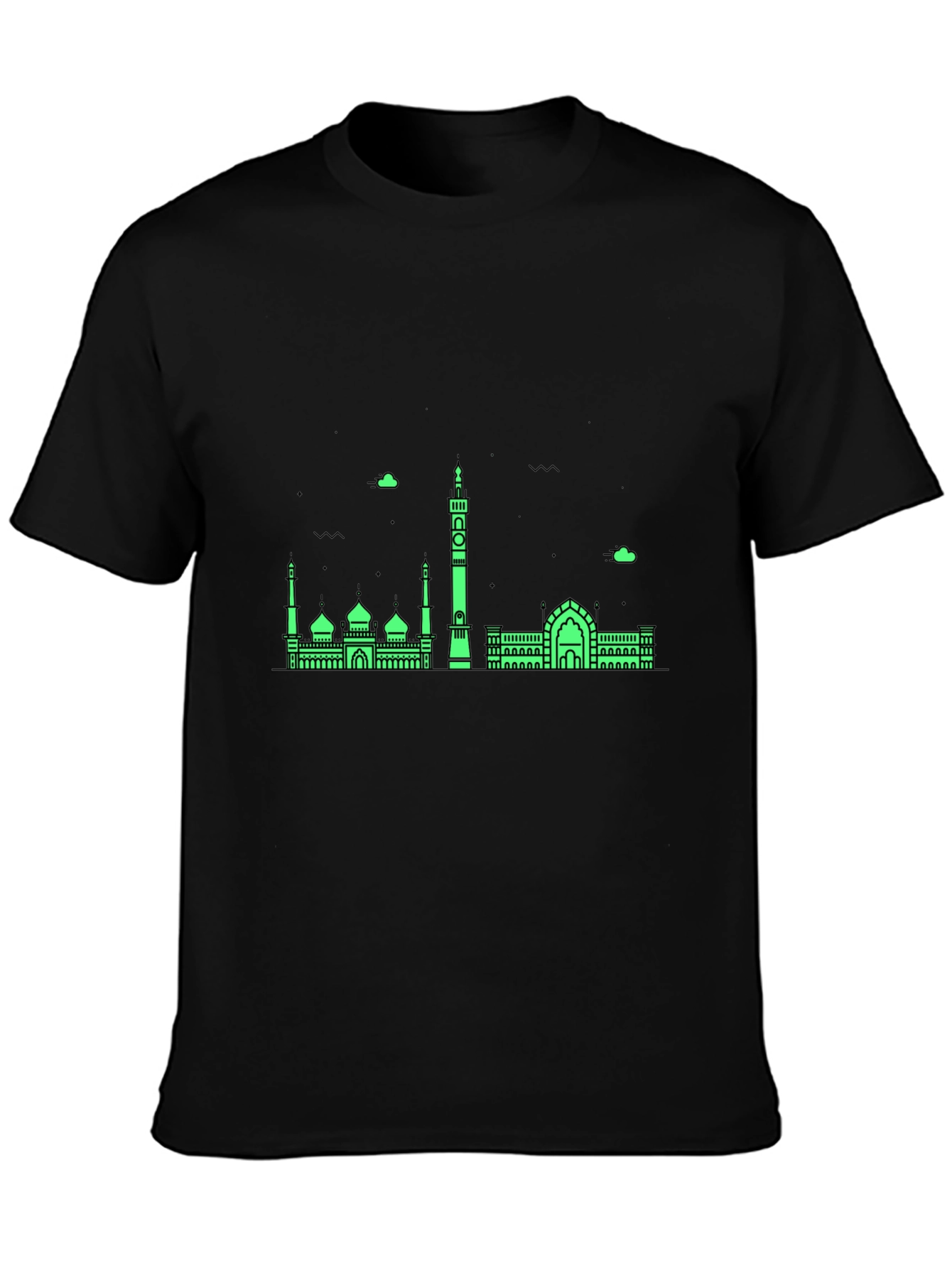 Modern Black T-Shirt with Green Mosque Skyline Design