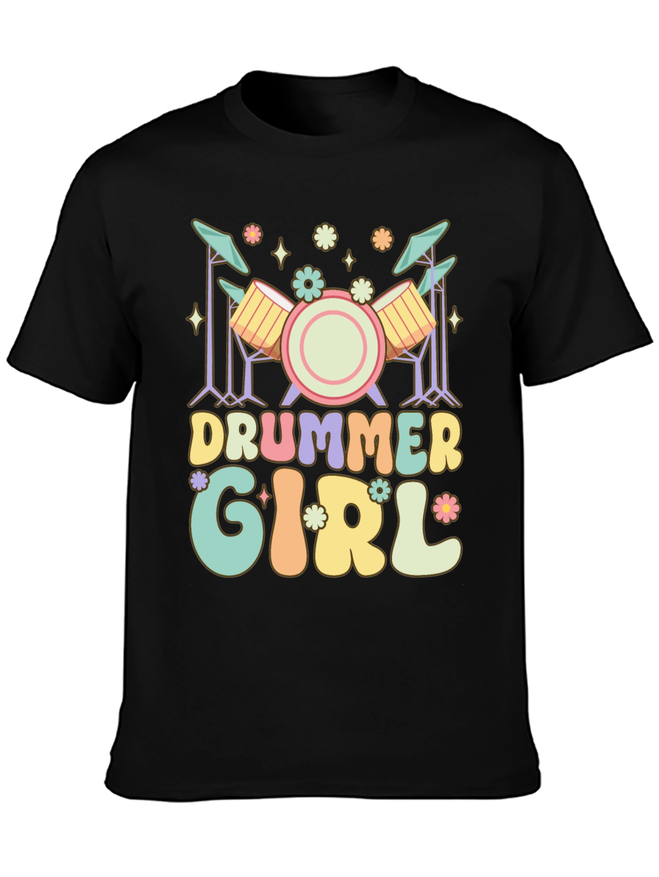Drummer Girl Graphic Tee - Black Casual T-Shirt