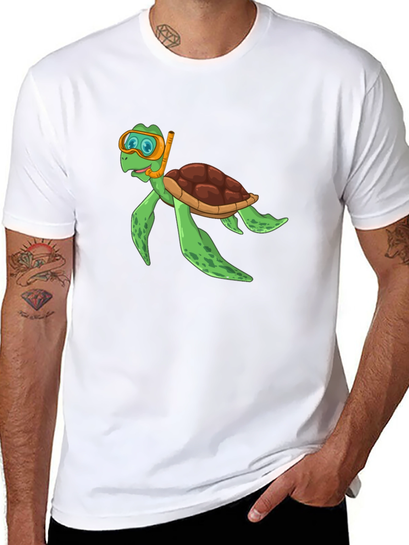 Diving Turtle Graphic Tee - Black Cotton T-Shirt