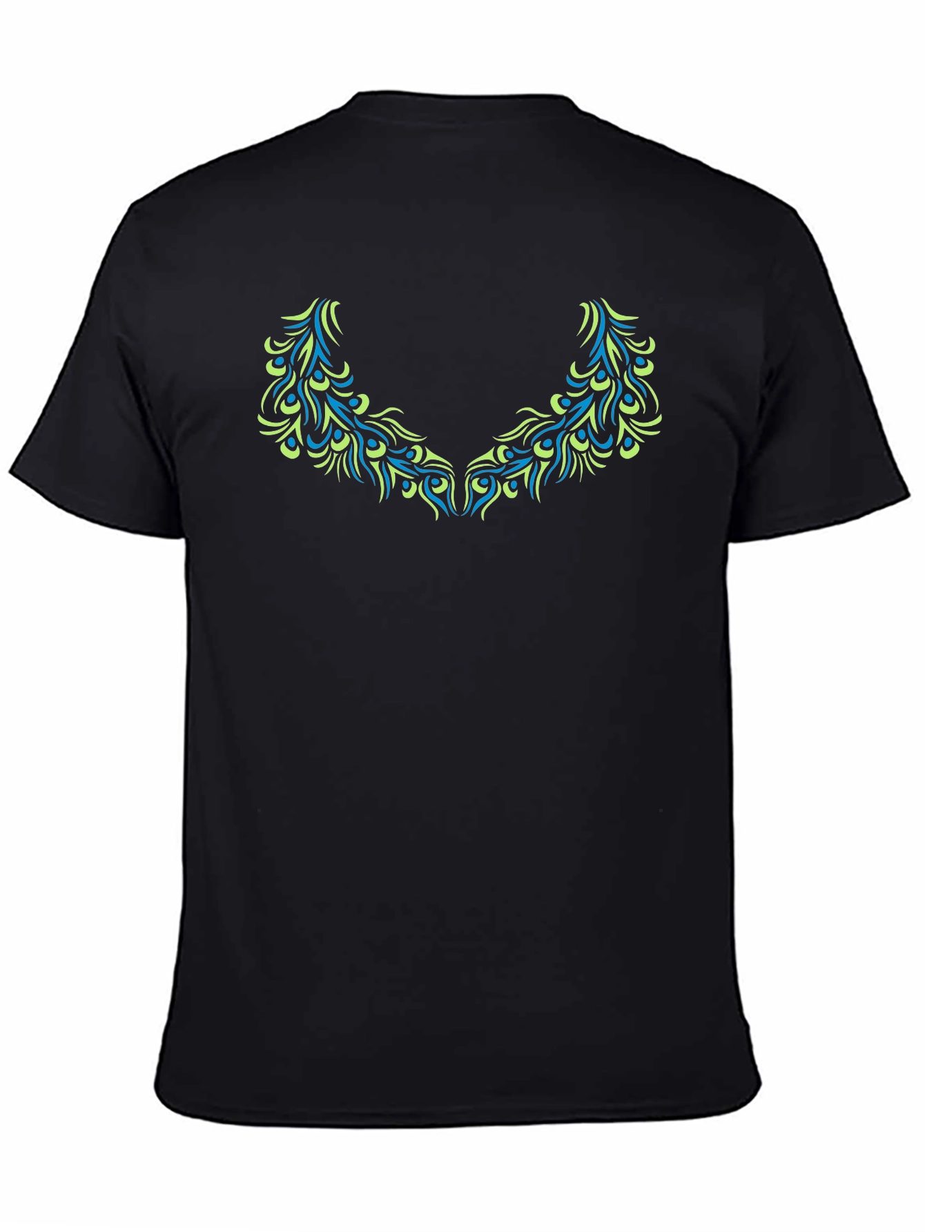 Black T-Shirt with Teal & Green Peacock Feather Design