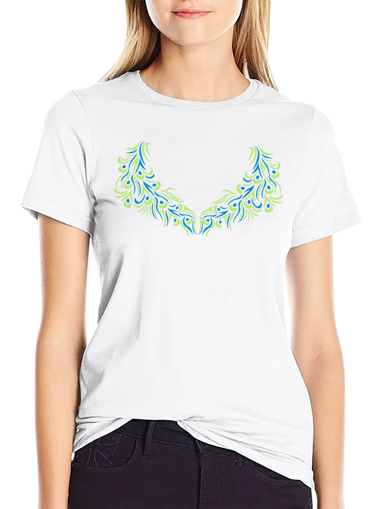 Black T-Shirt with Teal & Green Peacock Feather Design