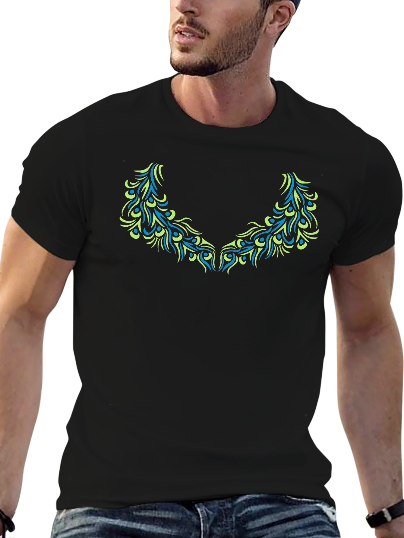 Black T-Shirt with Teal & Green Peacock Feather Design