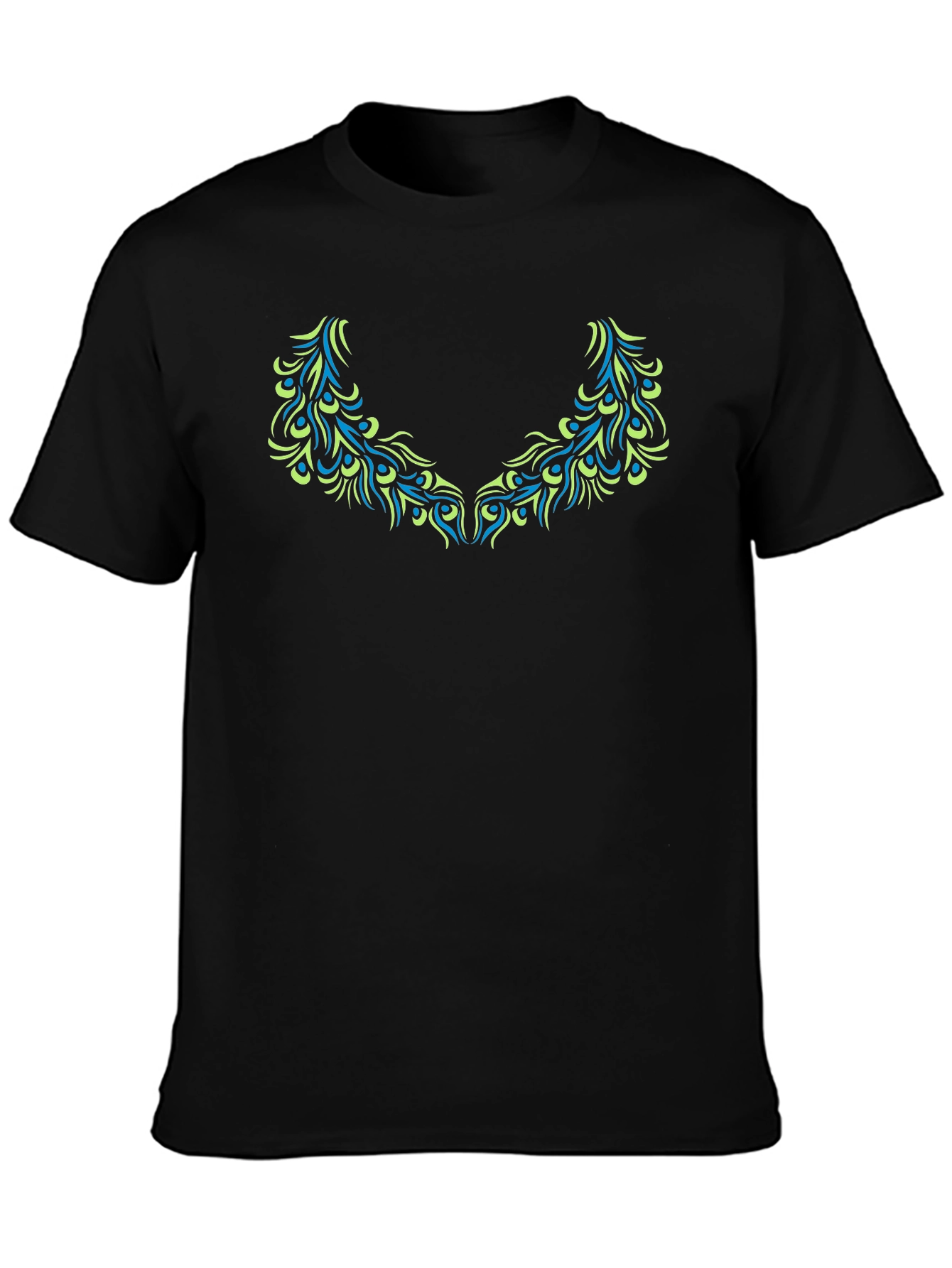Black T-Shirt with Teal & Green Peacock Feather Design