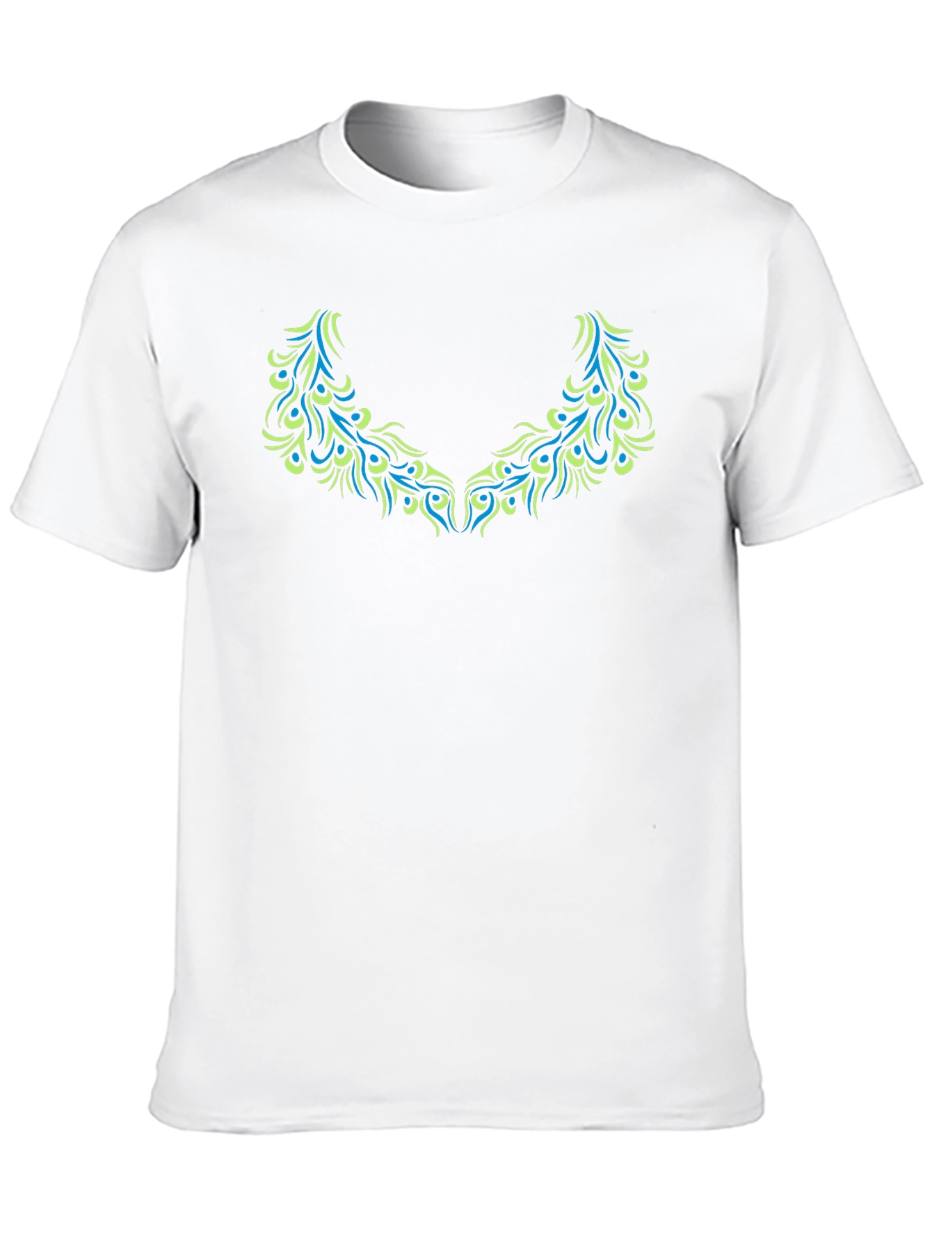 Black T-Shirt with Teal & Green Peacock Feather Design