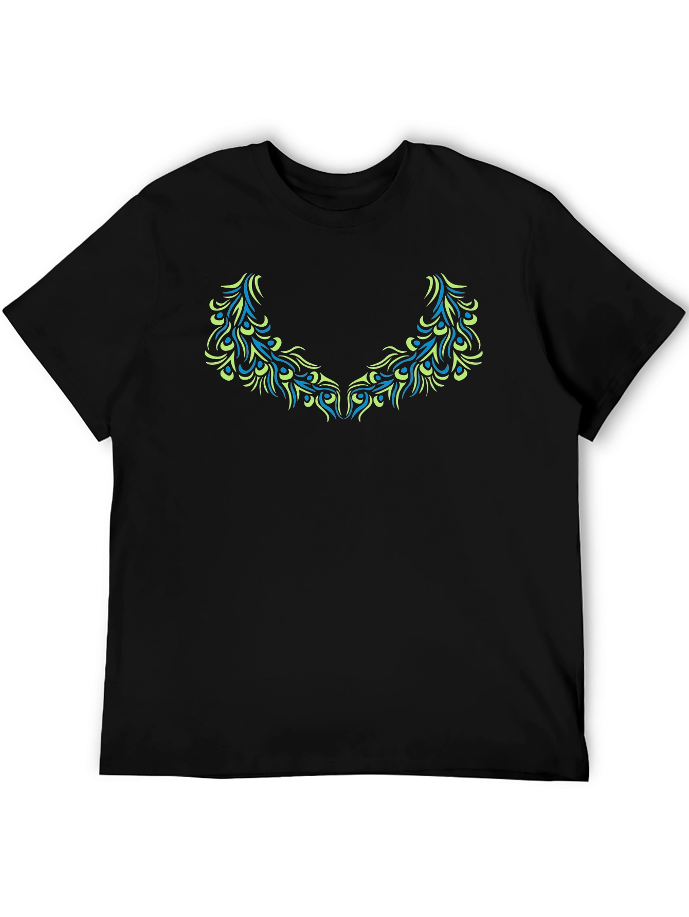 Black T-Shirt with Teal & Green Peacock Feather Design