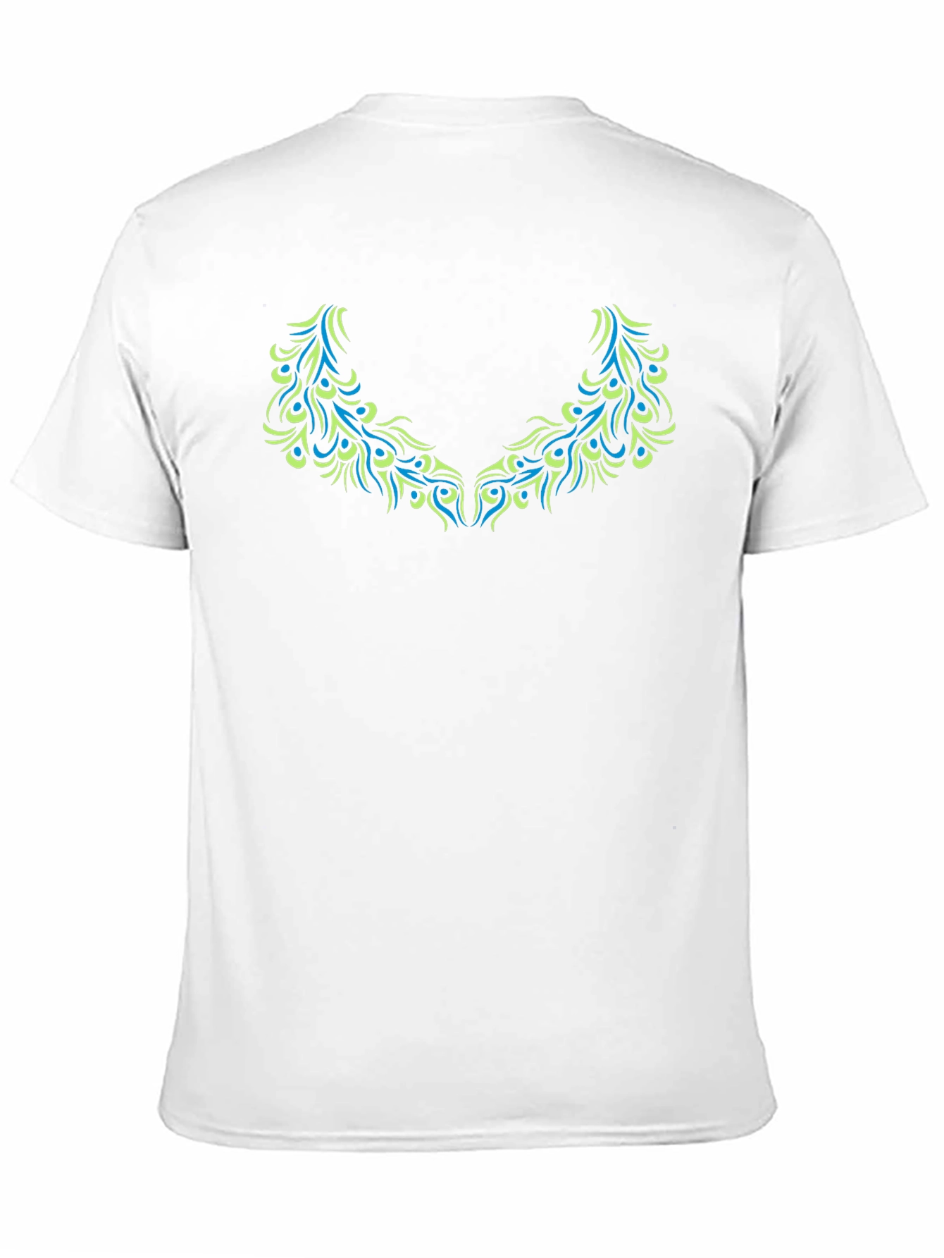 Black T-Shirt with Teal & Green Peacock Feather Design