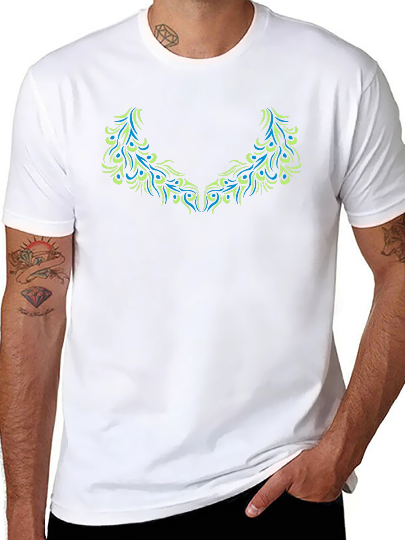 Black T-Shirt with Teal & Green Peacock Feather Design