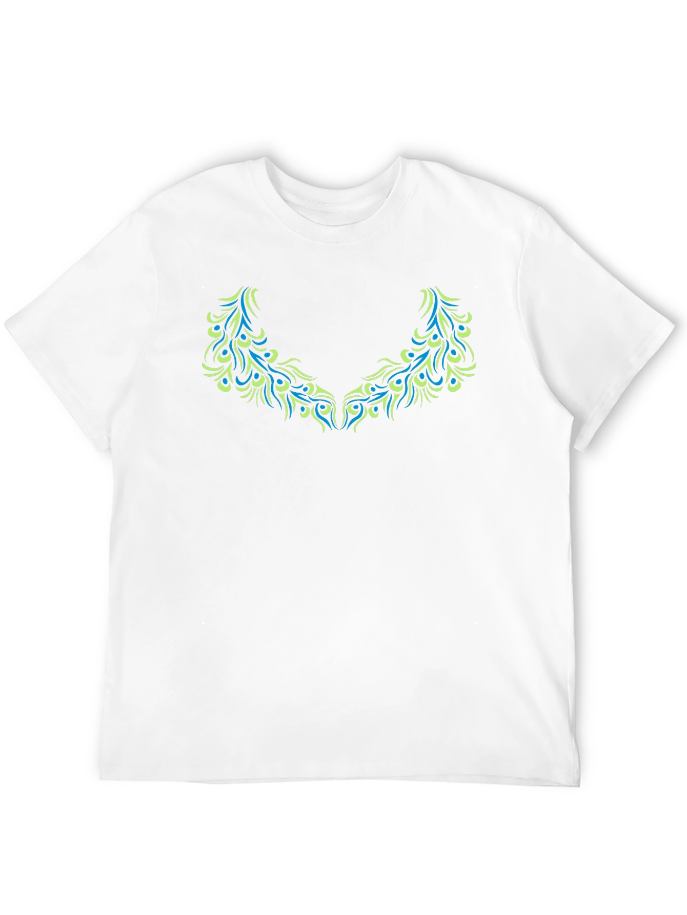 Black T-Shirt with Teal & Green Peacock Feather Design