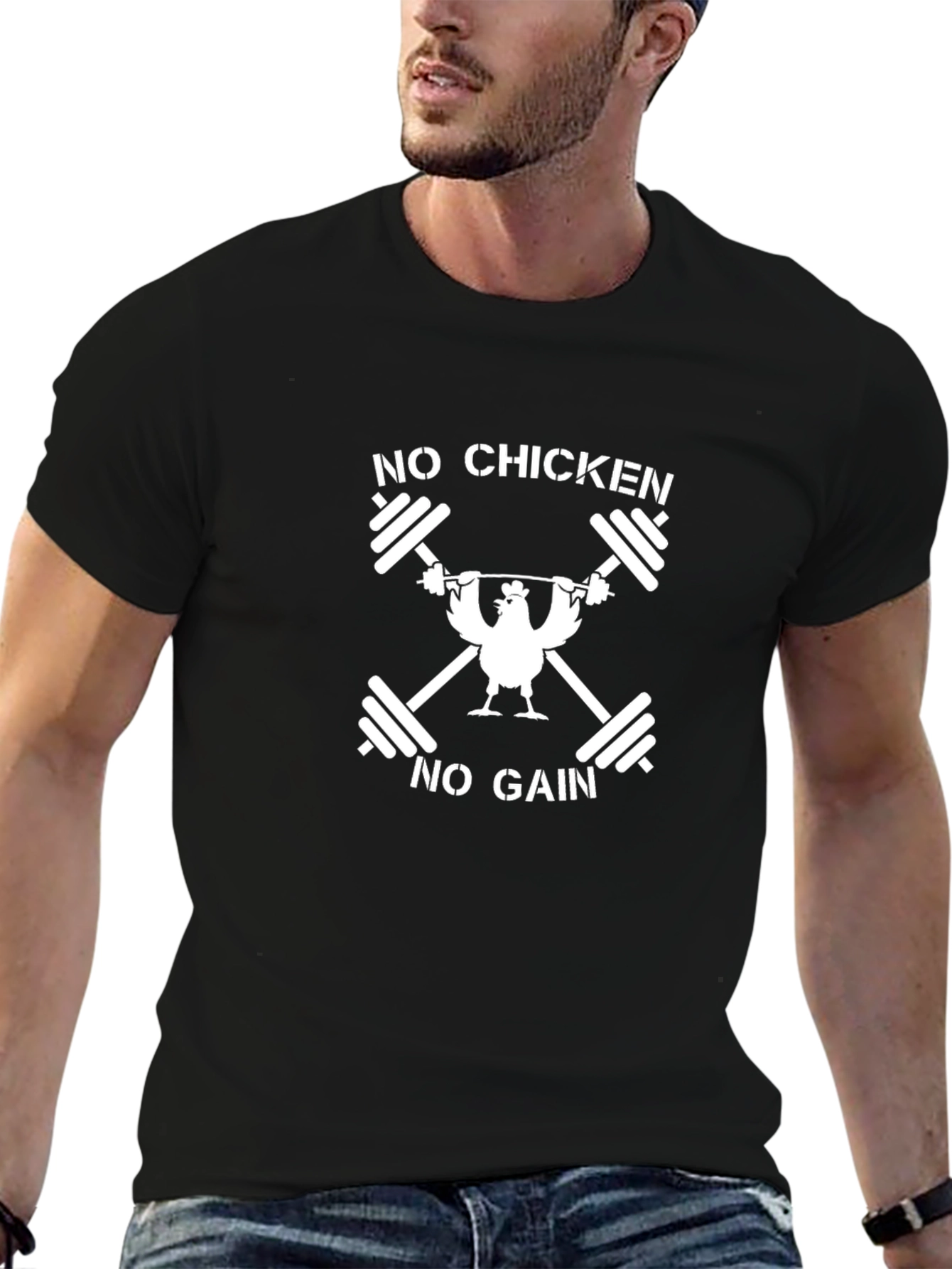 No Chicken No Gain Black Graphic T-Shirt