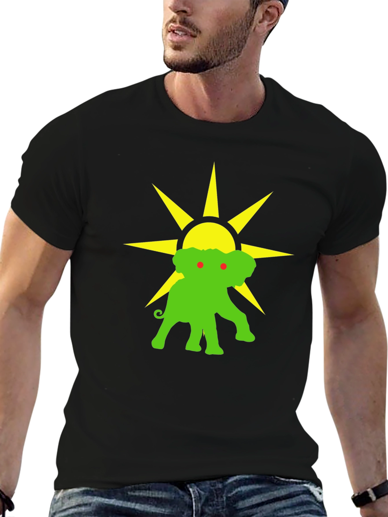 Elephant Sun Graphic Tee - Black Cotton T-Shirt