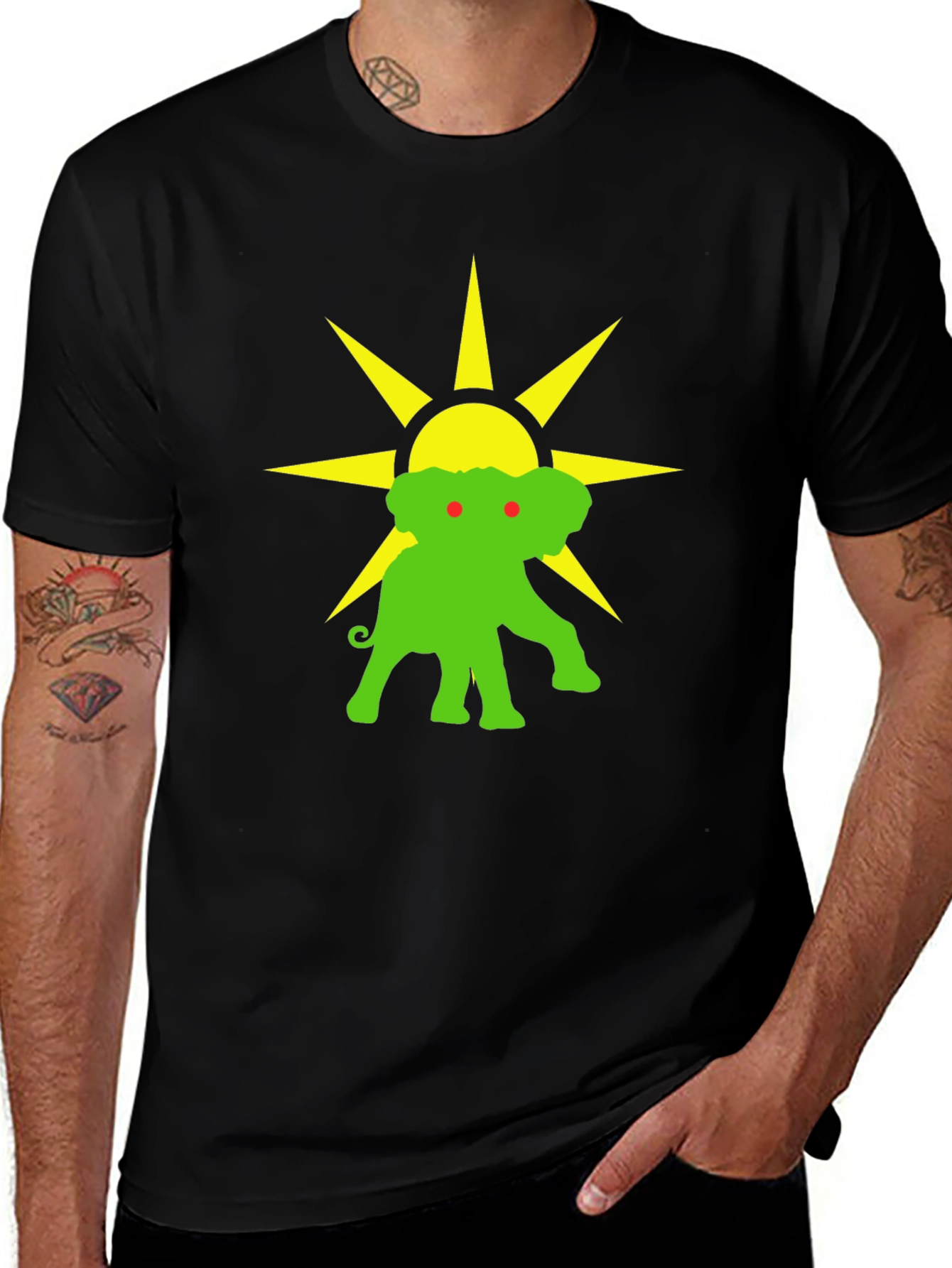 Elephant Sun Graphic Tee - Black Cotton T-Shirt