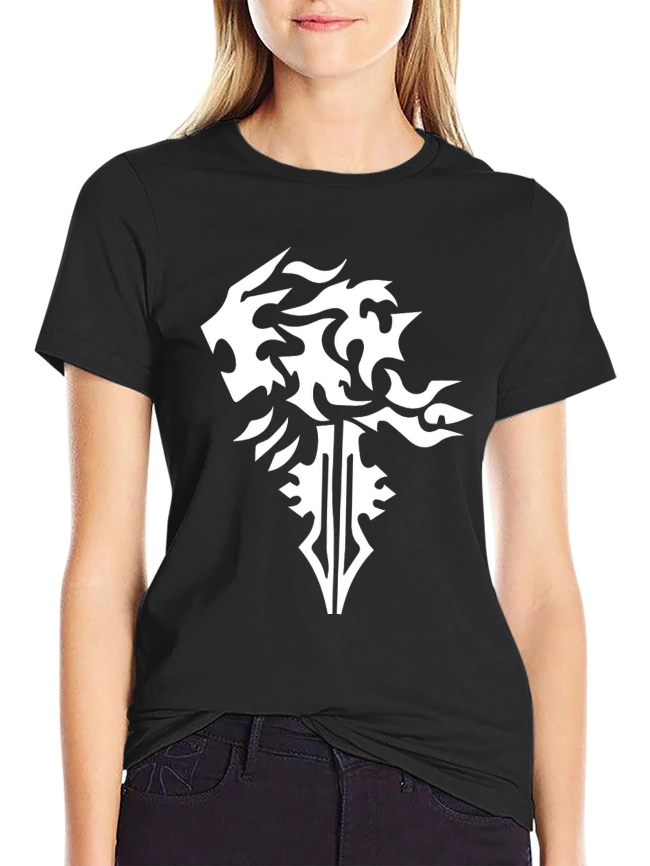 Black T-Shirt with Abstract Lion & Sword Design