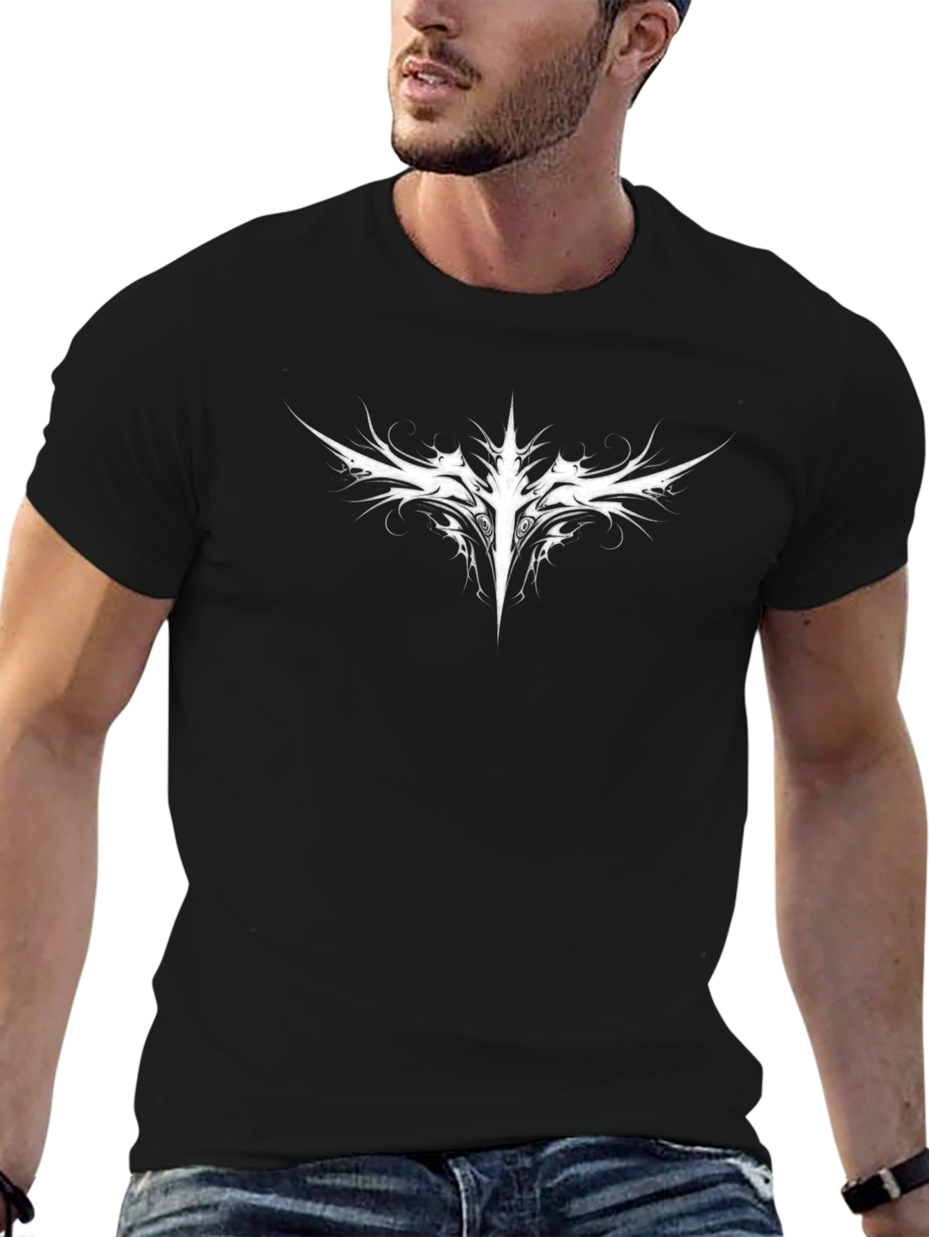 Mens Black T-Shirt with White Gothic Design
