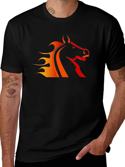 Black T-Shirt with Fiery Horse Design