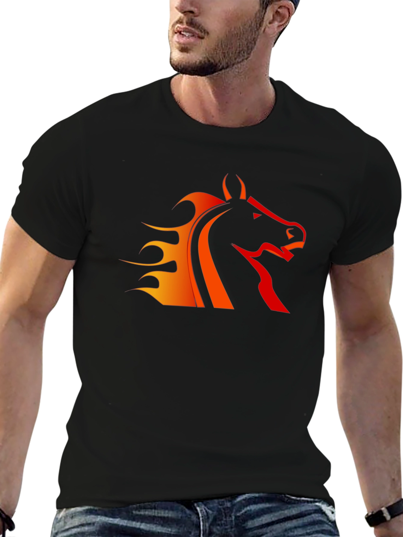 Black T-Shirt with Fiery Horse Design