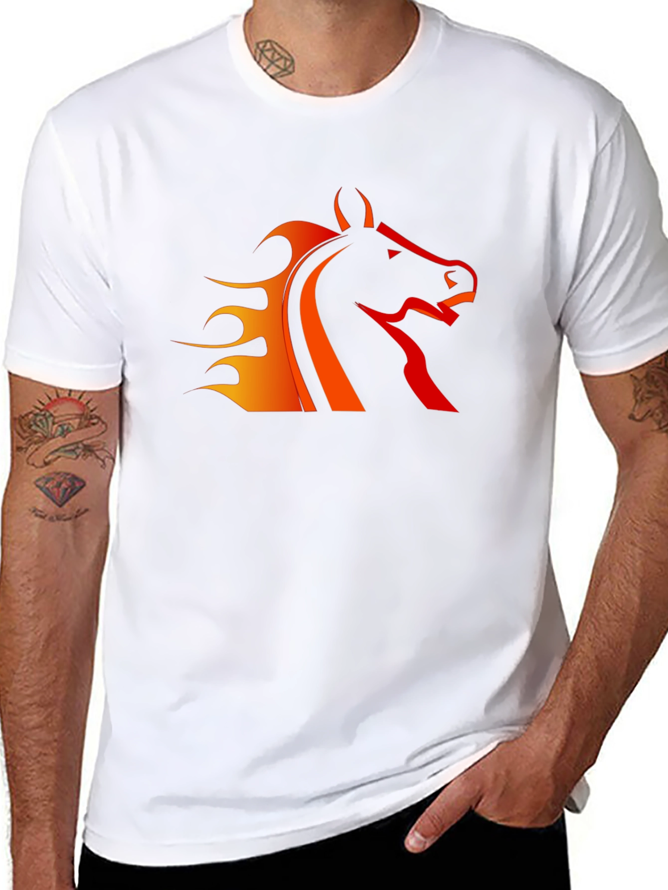Black T-Shirt with Fiery Horse Design