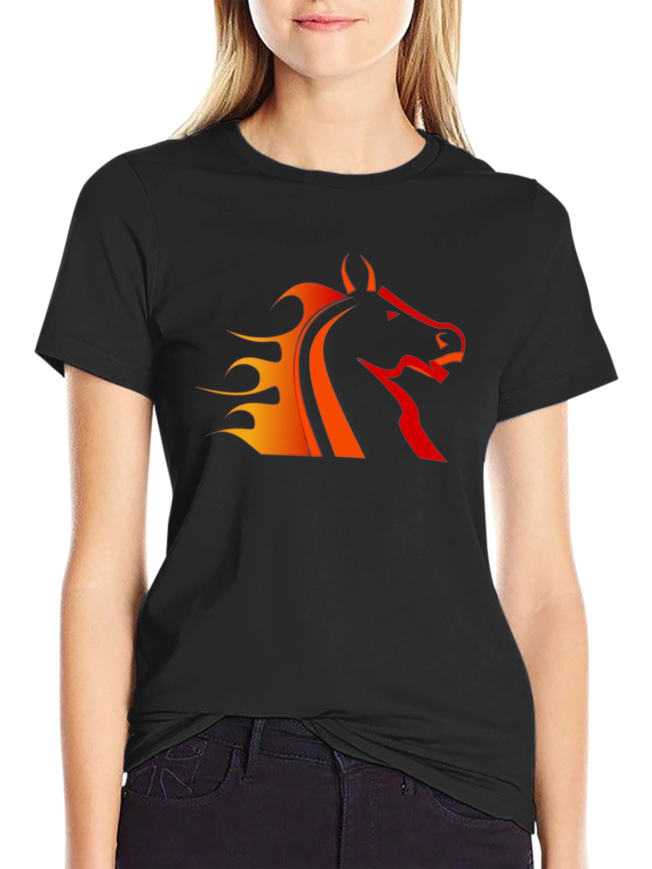Black T-Shirt with Fiery Horse Design