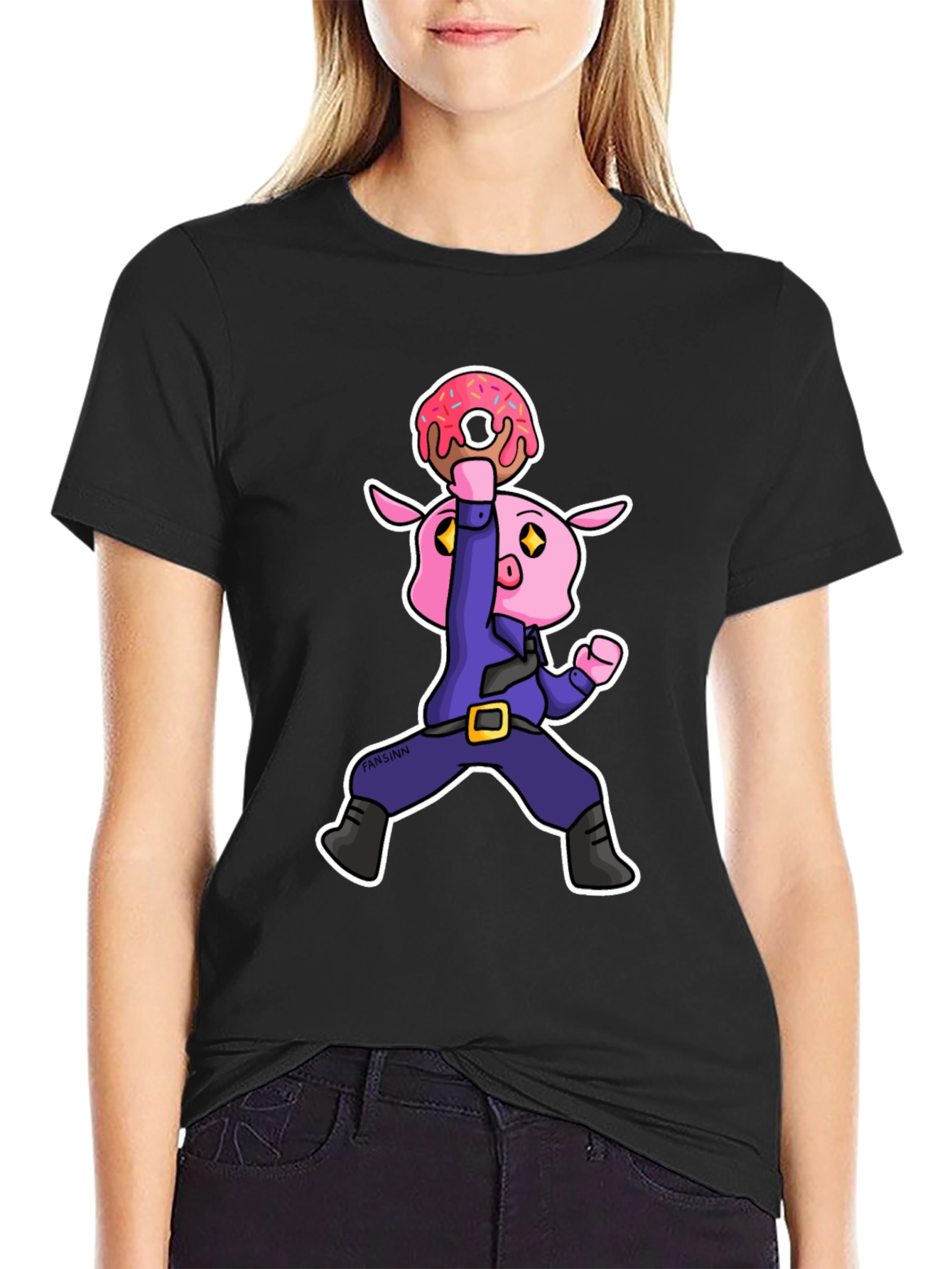 Donut Pig Graphic T-Shirt - Cartoon Style