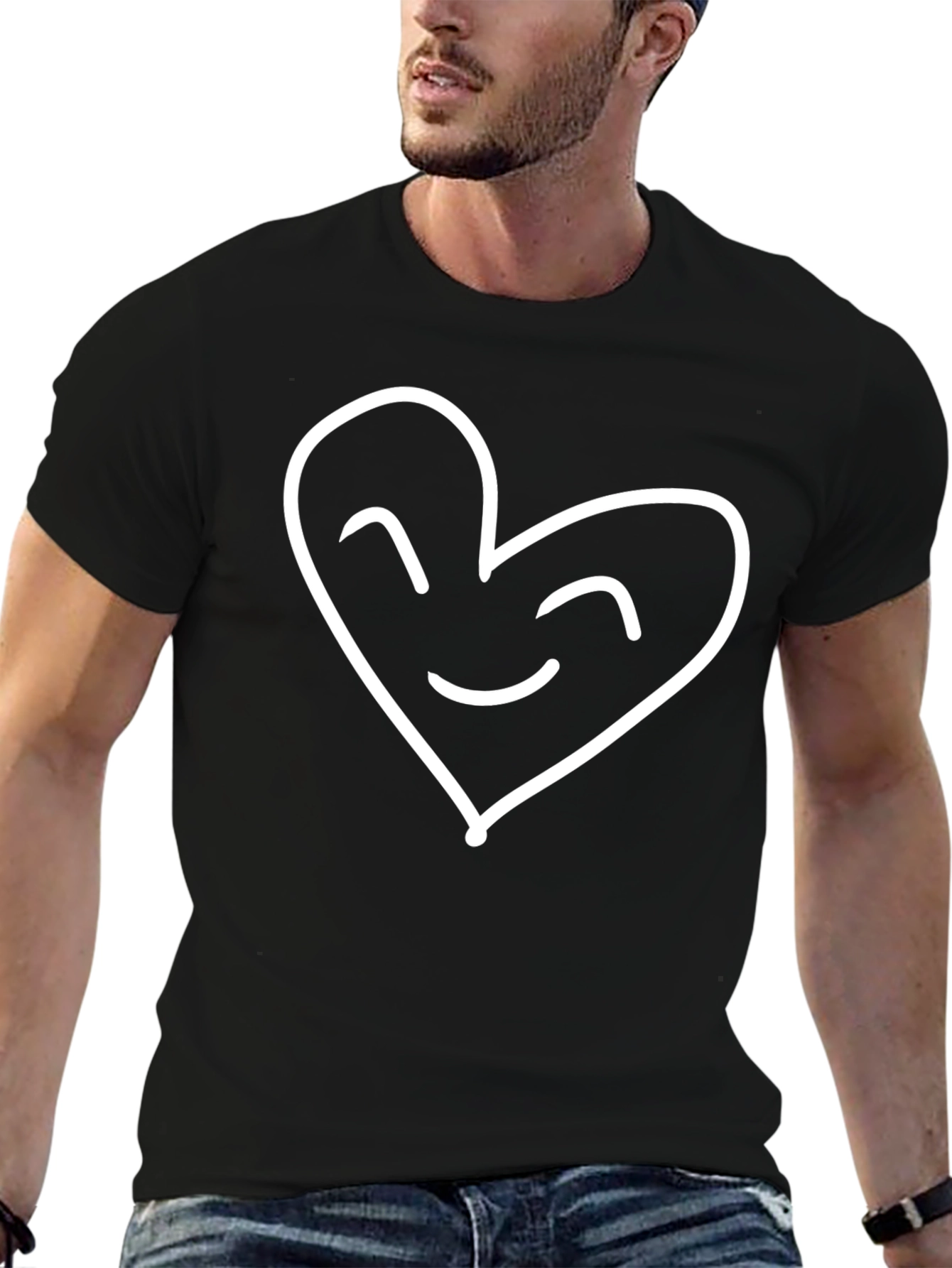 Heart Face Graphic Tee - Black Cotton Blend T-Shirt