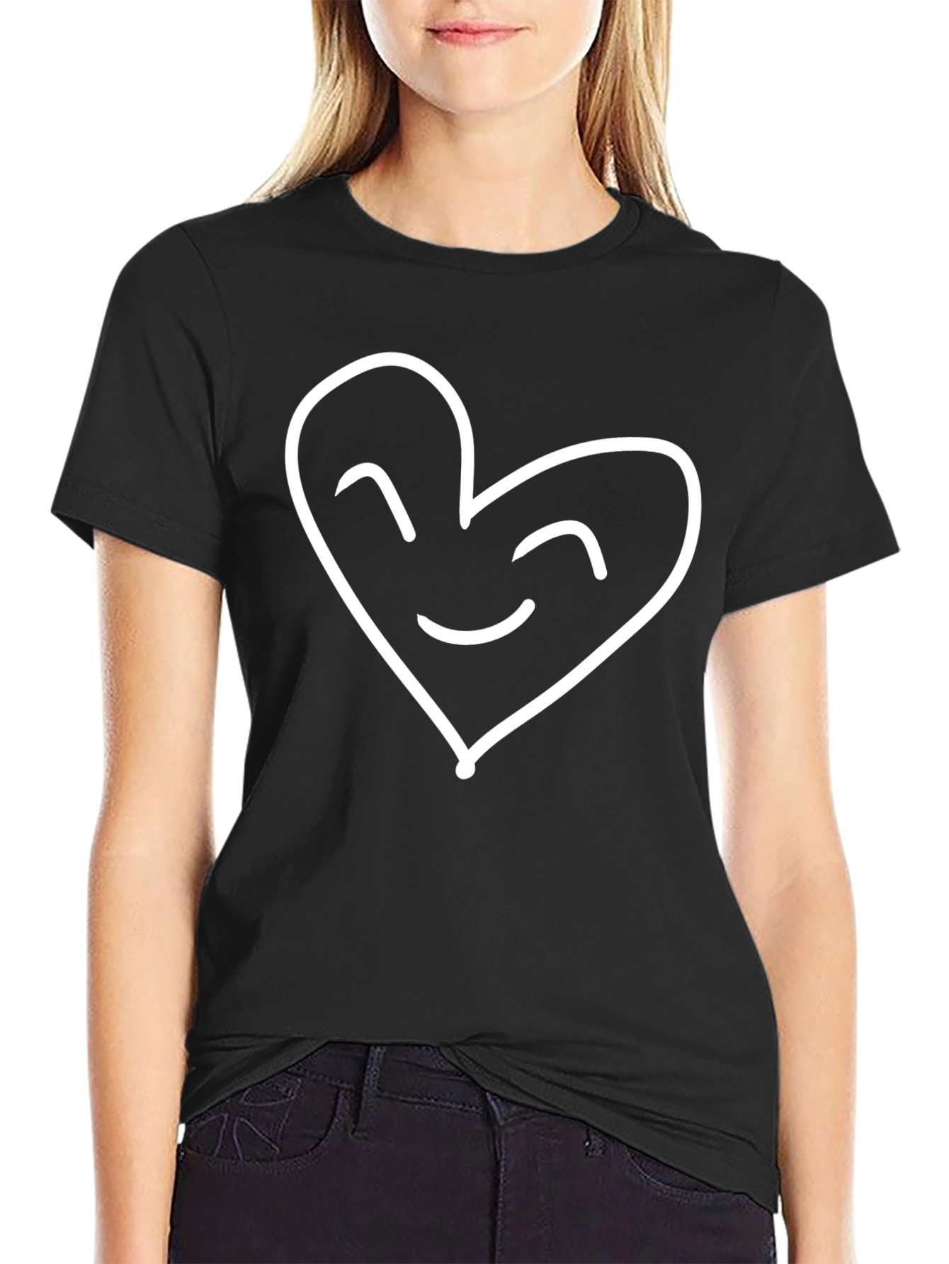 Heart Face Graphic Tee - Black Cotton Blend T-Shirt